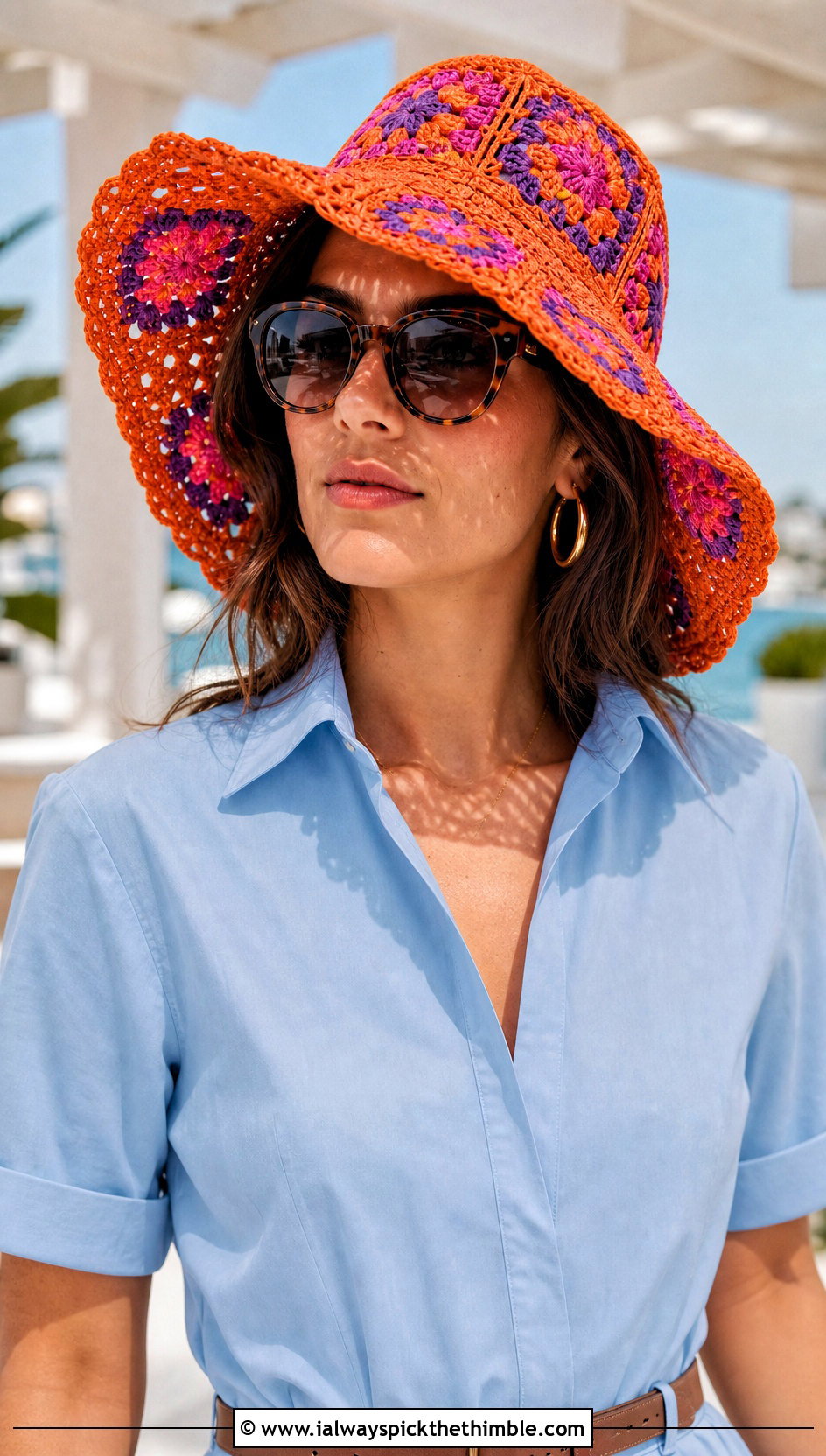 Wide Brim Granny Square Sun Hat With Shirt Dress - 25 granny square hats outfit ideas
