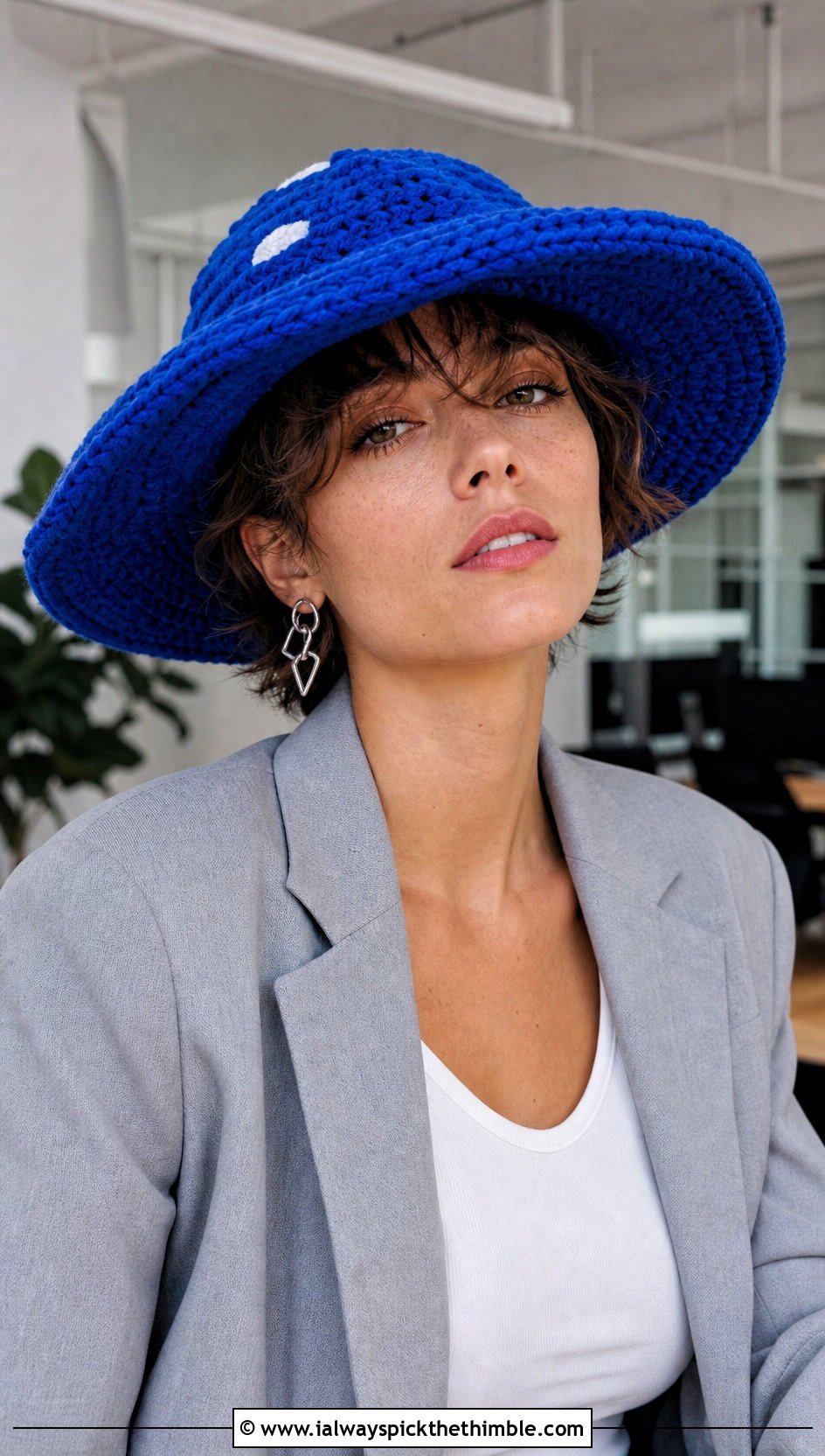 Wide Brim Mushroom Crochet Hat With Tailored Suit - 25 crochet mushroom hat outfit ideas