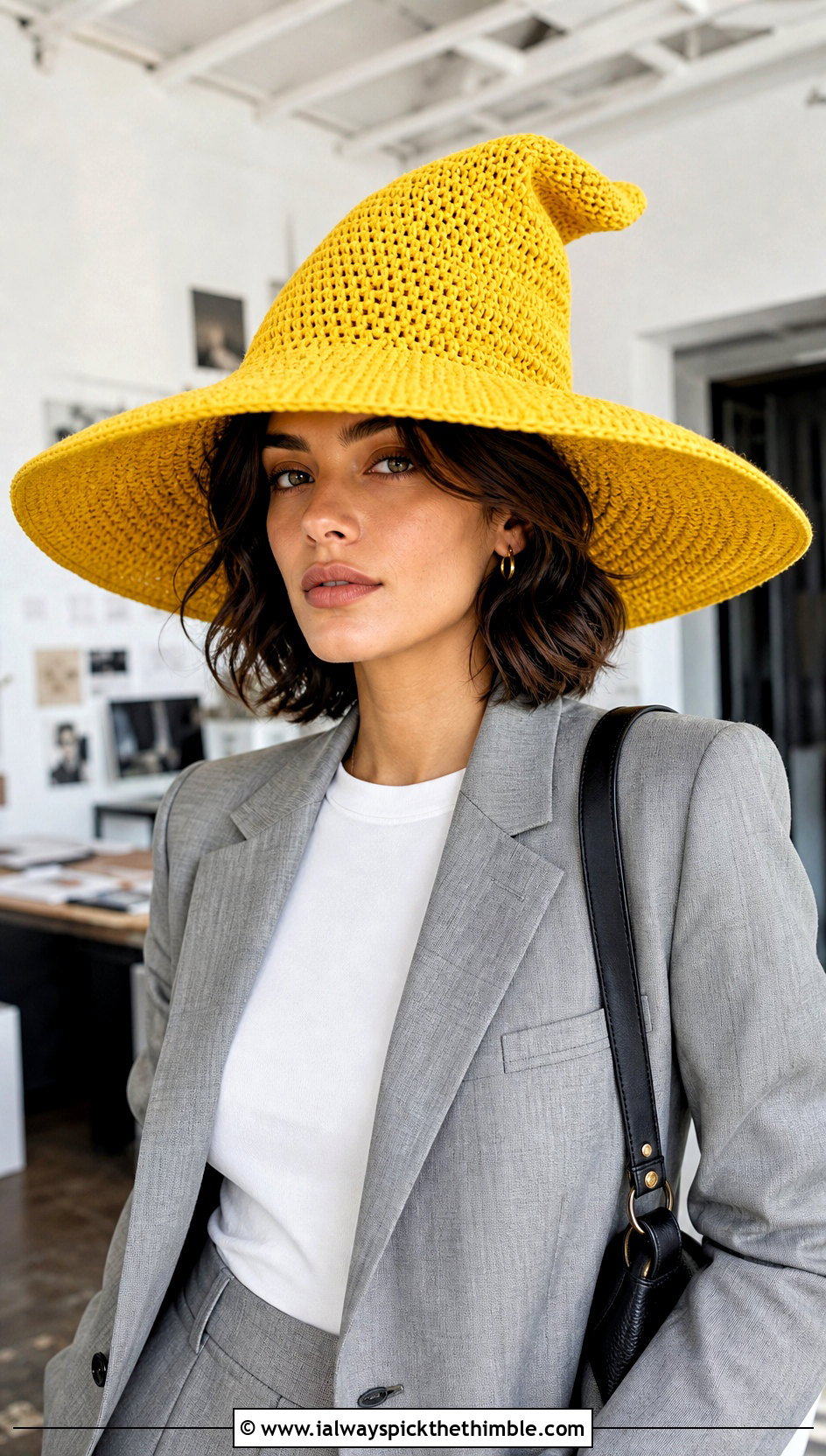 Wide Brim Slouchy Crochet Witch Hat With Blazer And Trousers - 20 slouchy crochet witch hat outfit ideas
