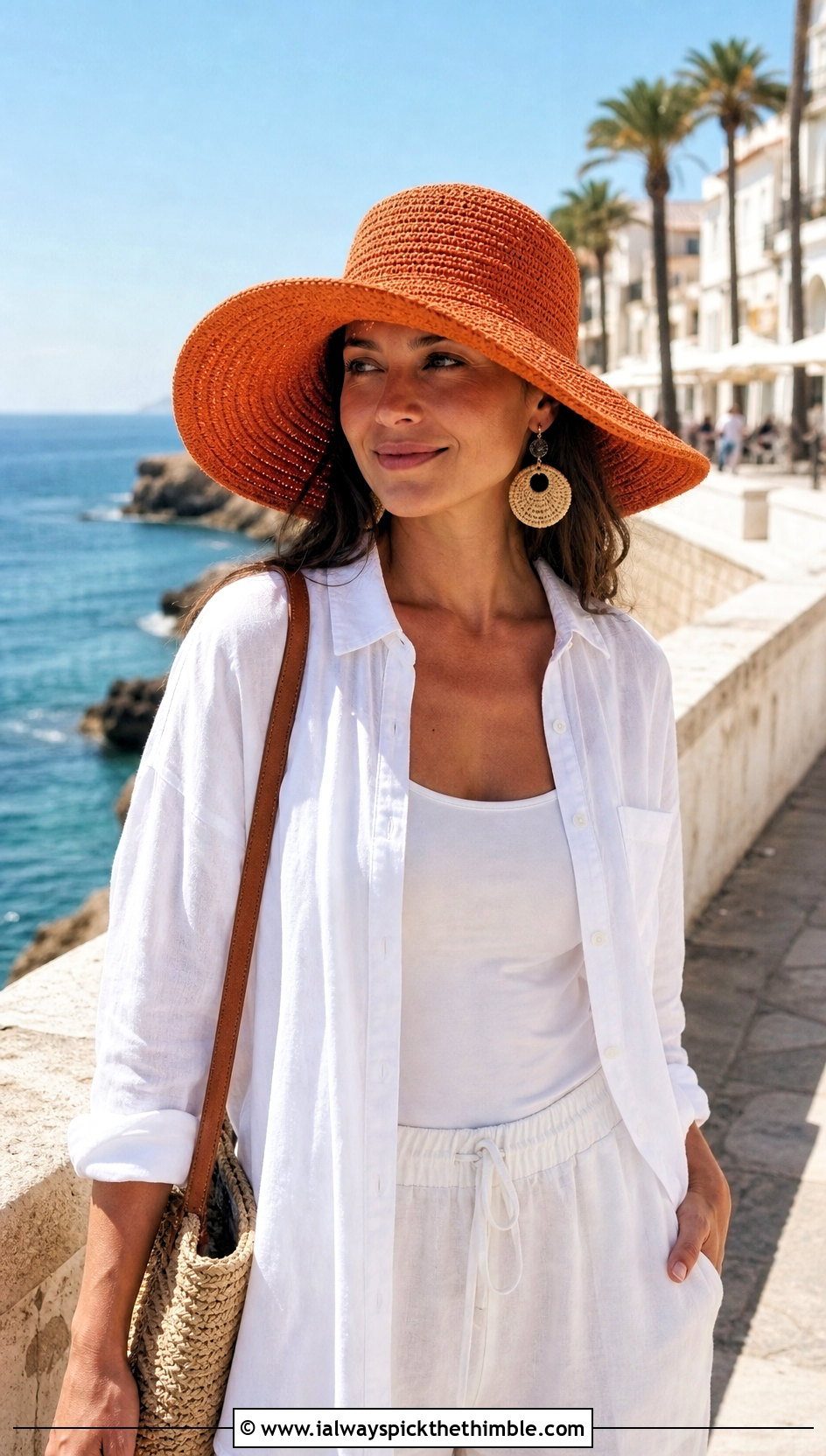 Wide Brim Spiral Crochet Sun Hat With Linen Set And Sandals - 20 Spiral Crochet Hat outfit ideas