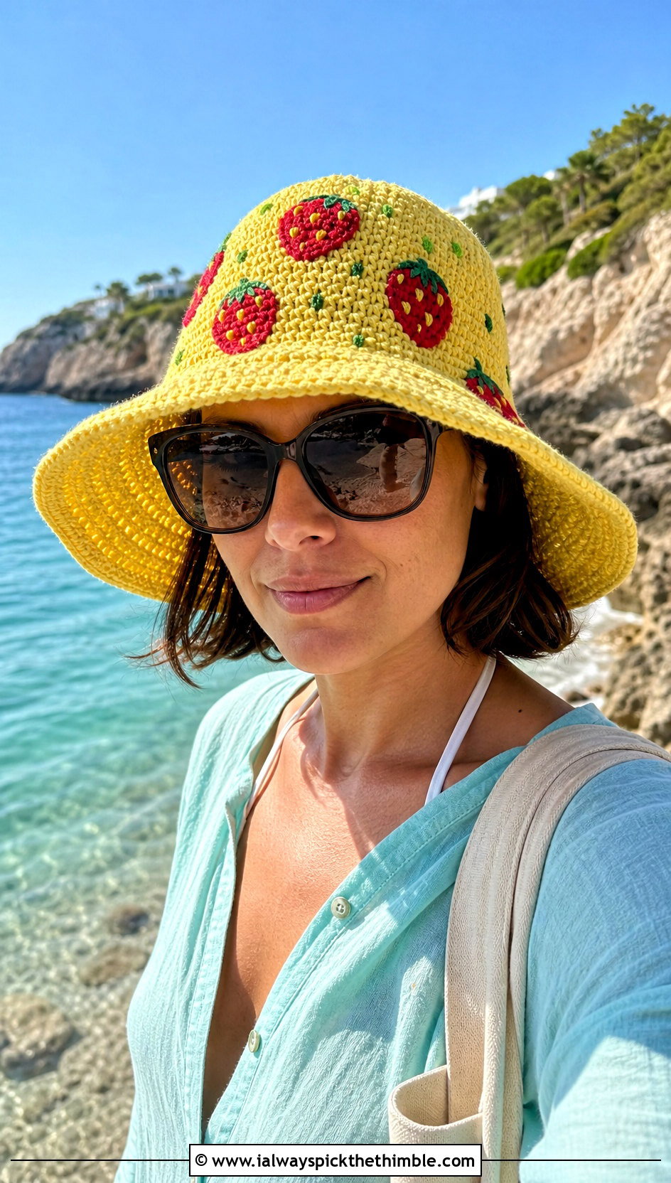 Wide Brim Strawberry Crochet Bucket Hat With Beach Cover Up - 15 strawberry crochet bucket hat outfit ideas