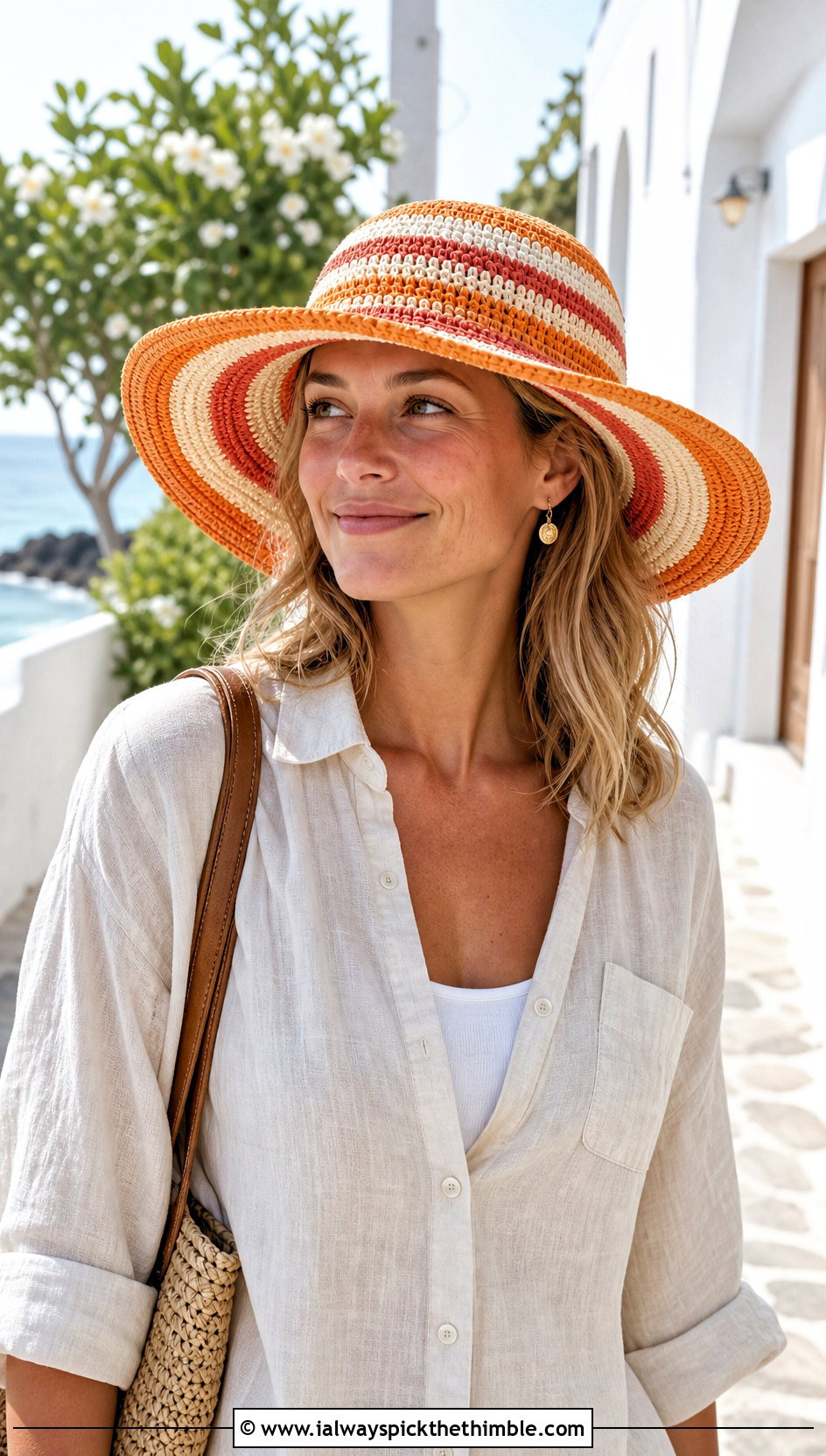 Wide Brim Stripe Crochet Sun Hat With Linen Set - 15 crochet hats stripes outfit ideas