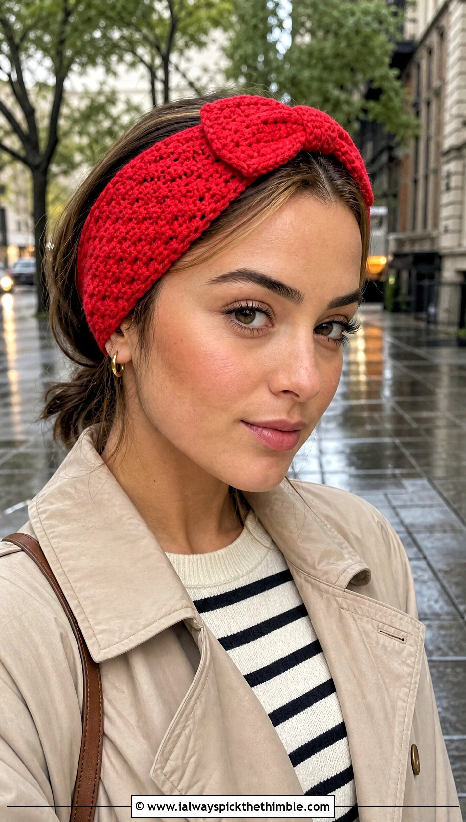 Wide Center Crochet Headband With Bow And Trench Coat - 20 crochet headband with bow outfit ideas