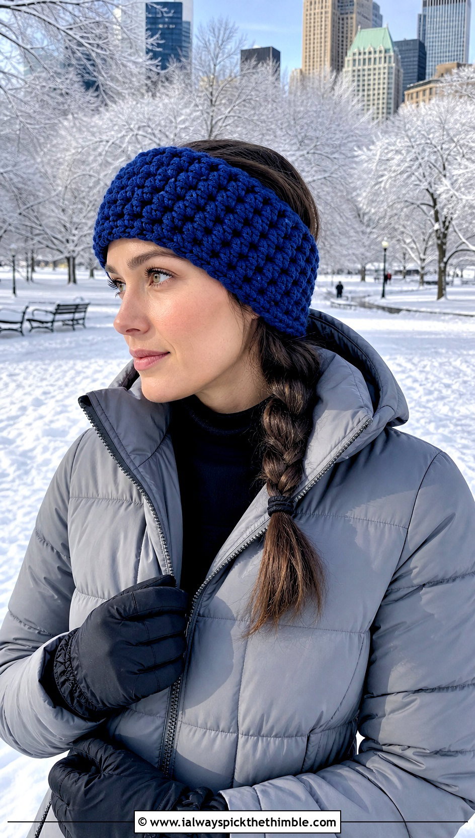 Wide Chunky Crochet Headband Ear Warmer With Puffer Coat - 20 Crochet Headband Ear Warmers outfit ideas