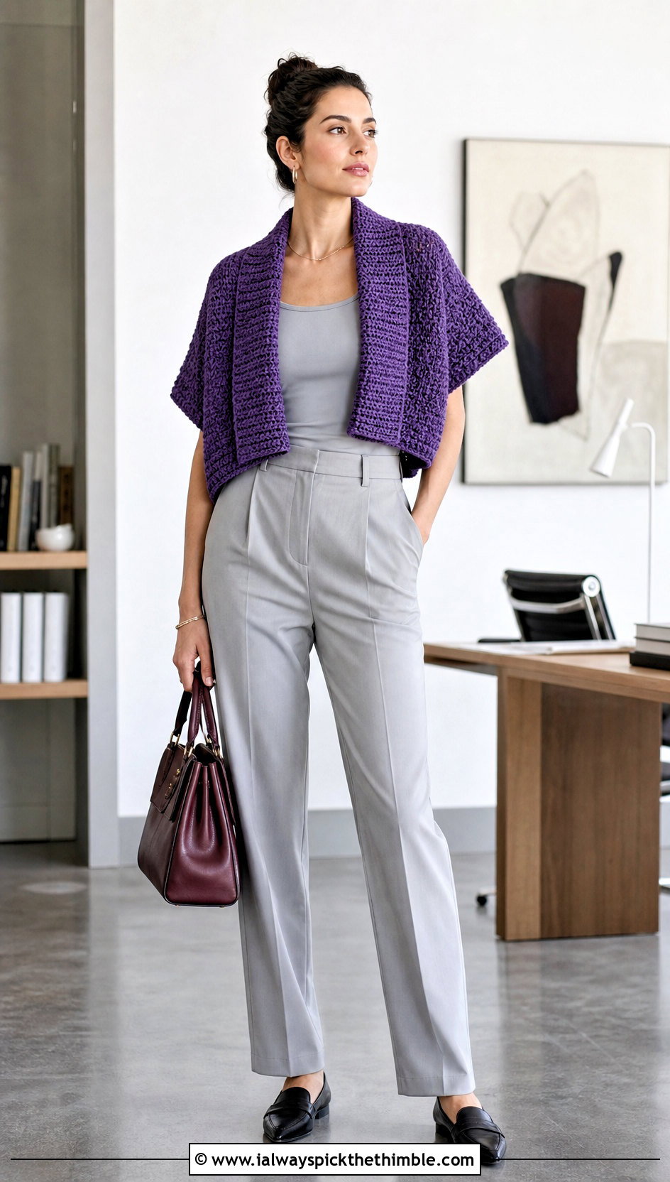 Wide Collar Crochet Shrug With Monochrome Suiting - 20 Crochet Shrug Cardigan outfit ideas