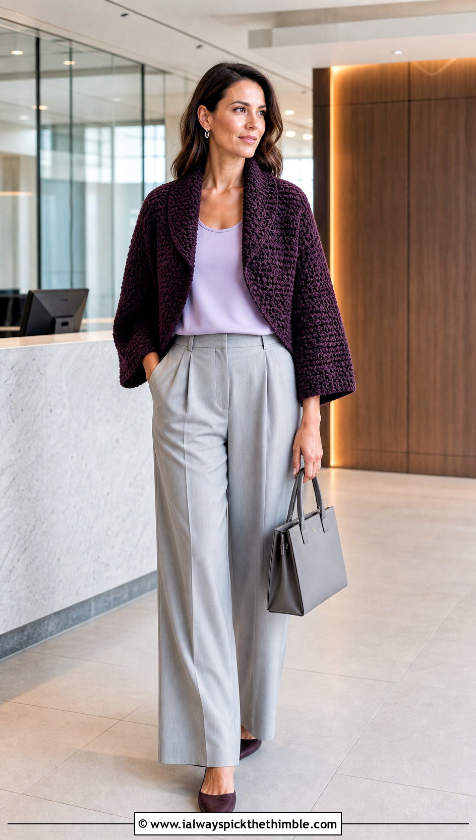 Wide Collar Crochet Sweater Shrug With Pleated Trousers - 20 crochet sweater shrug outfit ideas