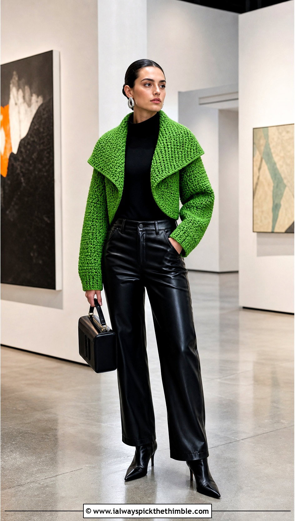 Wide Collar Moss Stitch Shrug With Leather Pants - 20 crochet shrugs and boleros outfit ideas