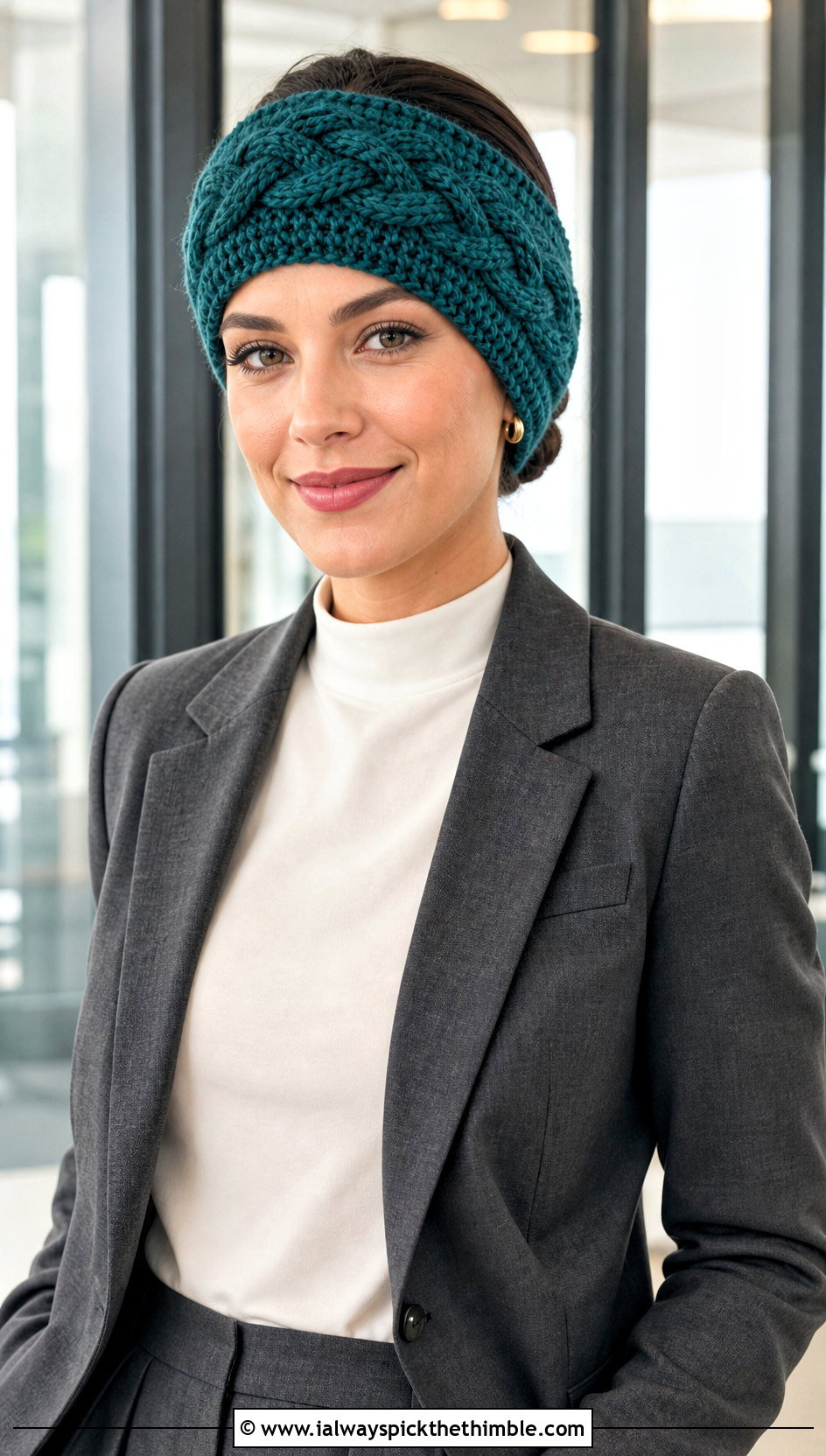 Wide Crochet Cable Ear Warmer Headband With Blazer And Trousers - 20 crochet cable headband outfit ideas