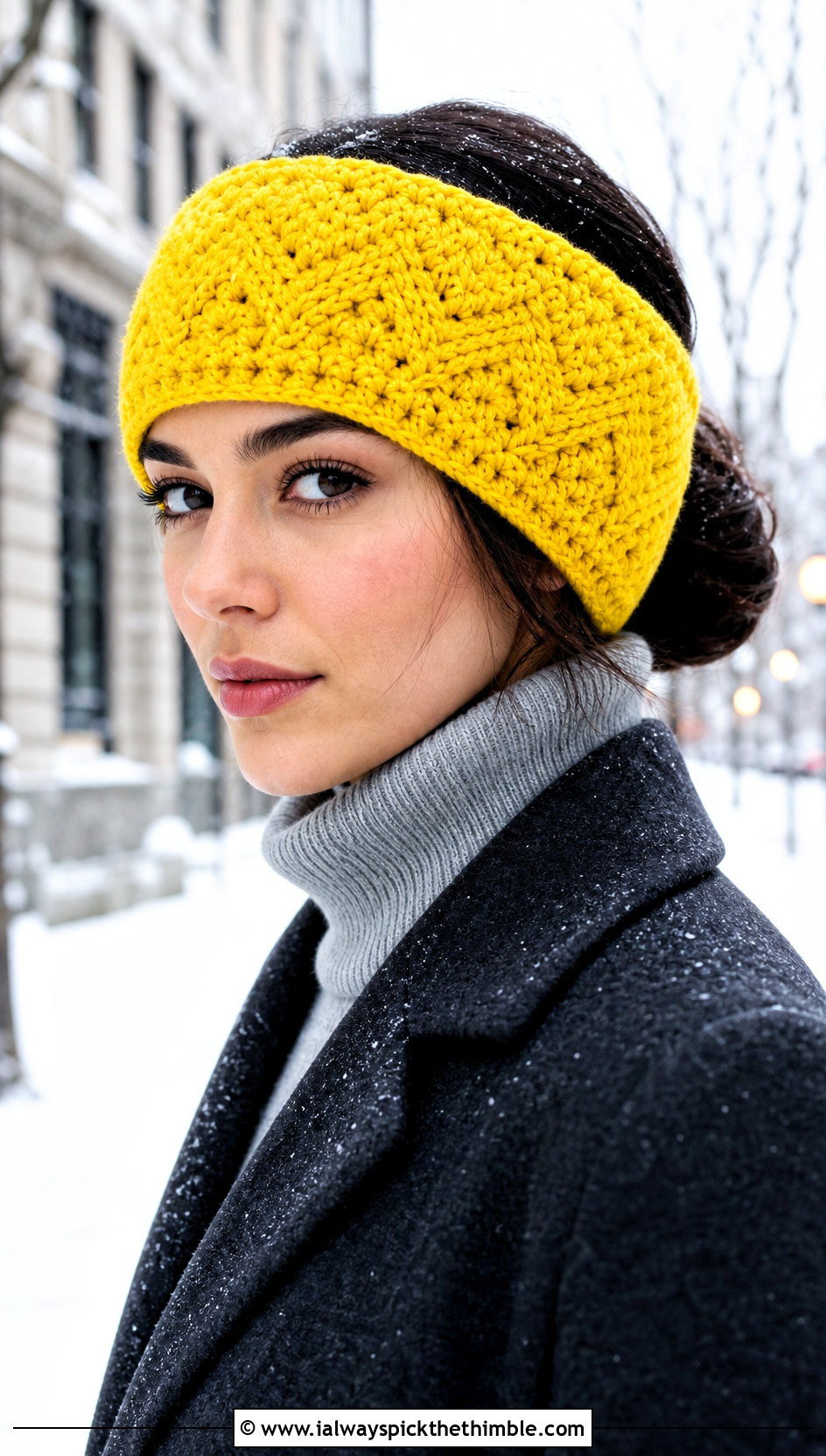Wide Crochet Chevron Ear Warmer With Wool Coat And Boots - 15 Crochet Chevron Headband outfit ideas