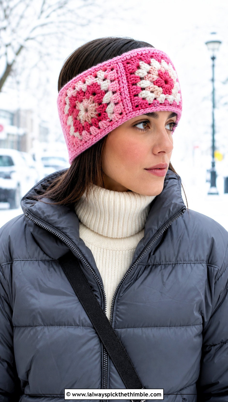 Wide Crochet Granny Square Ear Warmer With Puffer Jacket - 15 Crochet Granny Square Headband outfit ideas