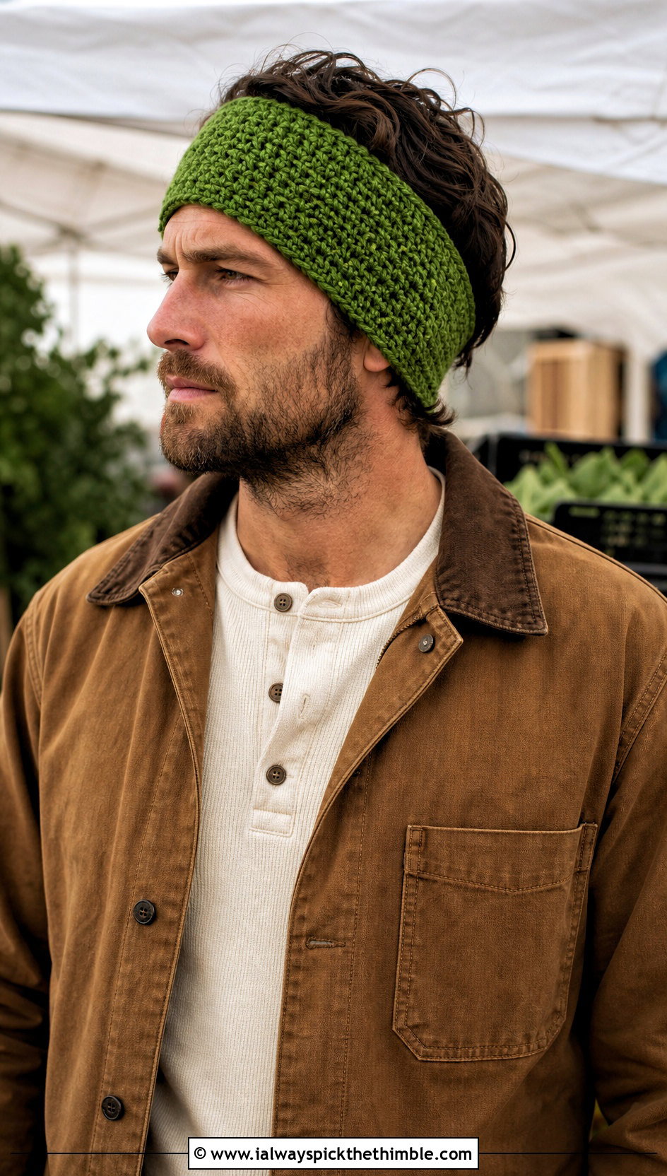 Wide Crochet Headband With Chore Coat - 20 men's crochet headband outfit ideas