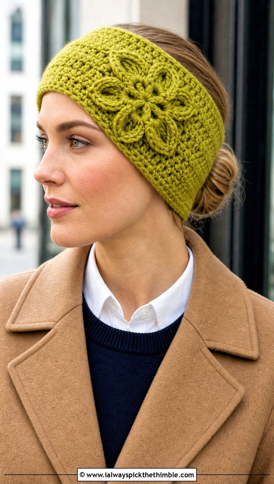 Wide Crochet Snowflake Ear Warmer With Camel Coat - 20 Crochet Snowflake Headband outfit ideas