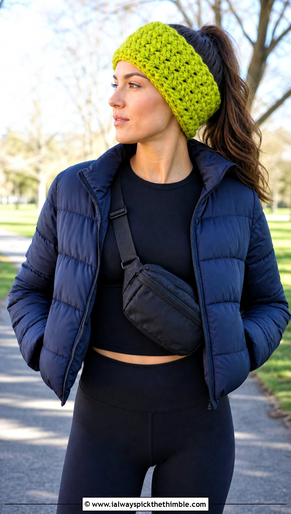 Wide Crochet Star Stitch Ear Warmer With Puffer Jacket And Leggings - 15 Crochet Star Stitch Ear Warmer outfit ideas