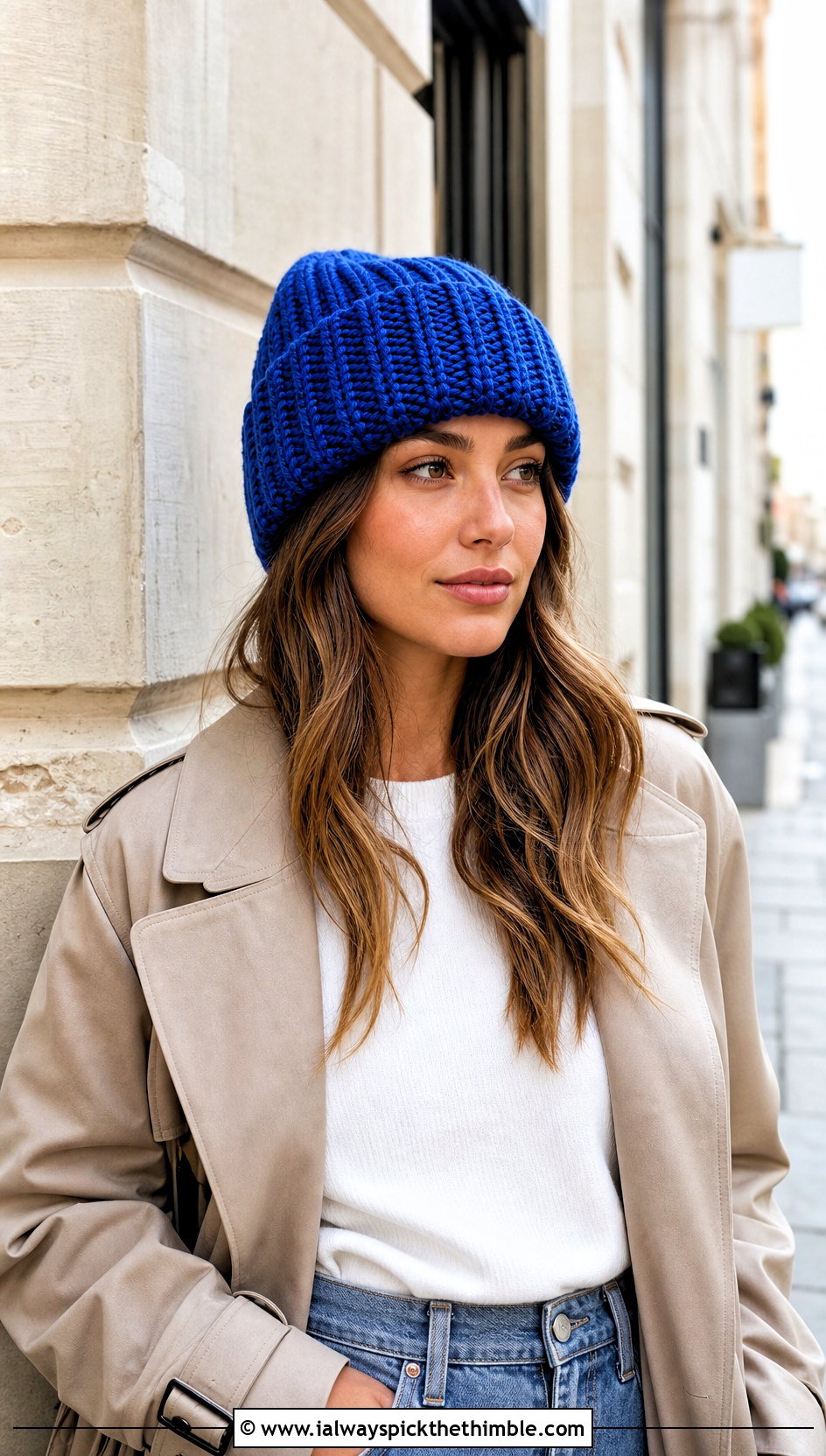 Wide Cuff Chunky Ribbed Crochet Beanie With Trench Coat - 20 Chunky Ribbed Crochet Hat outfit ideas