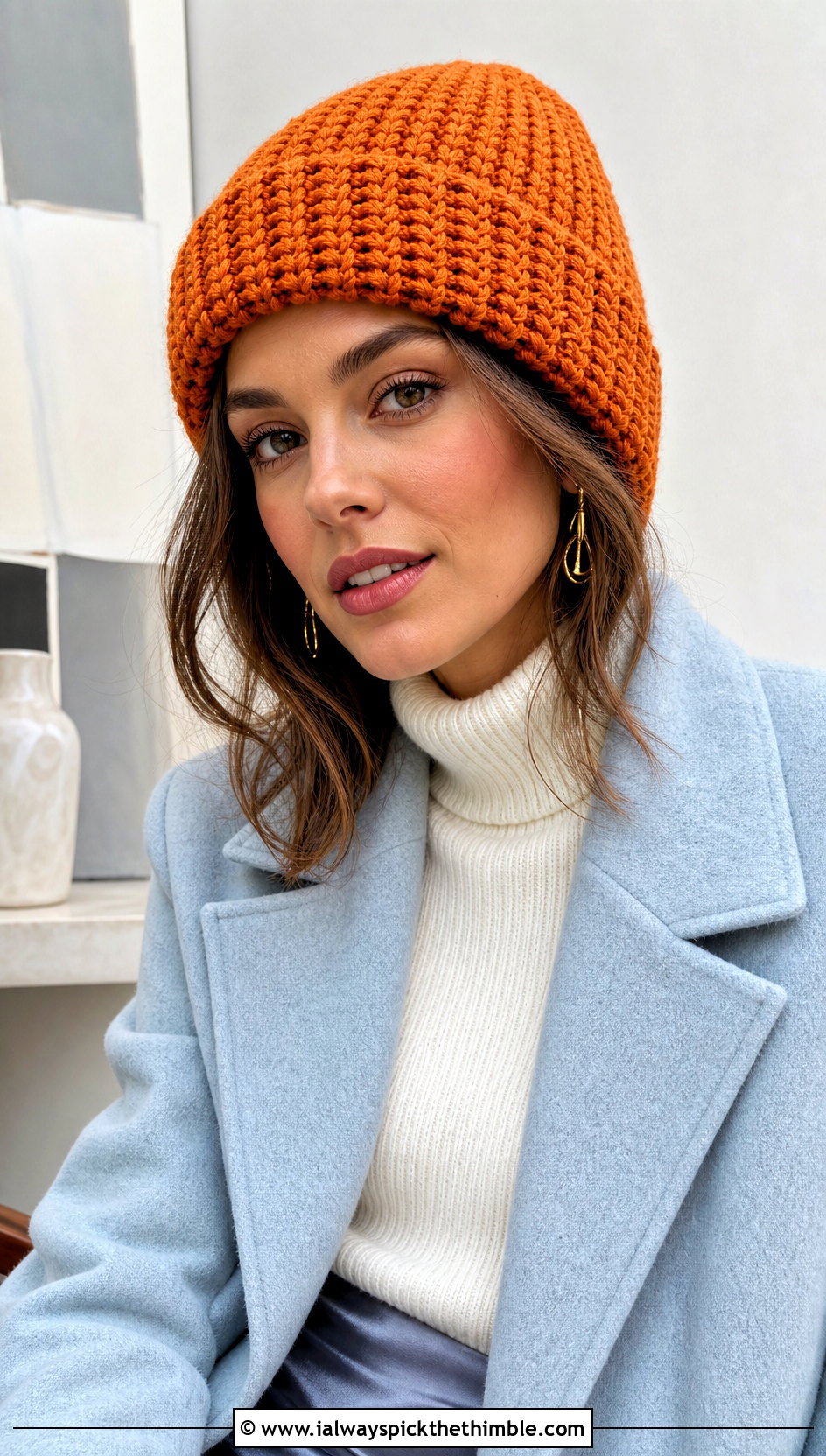 Wide Cuff Short Row Crochet Beanie With Wool Coat - 20 short row crochet hat outfit ideas