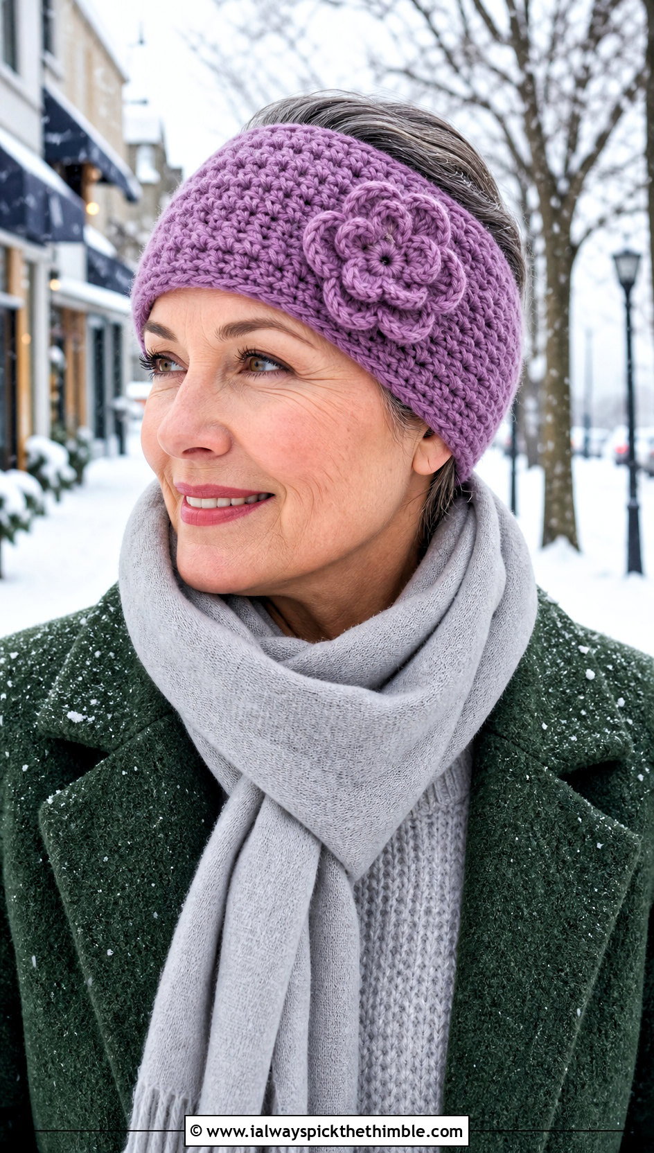 Wide Flower Ear Warmer Crochet Headband With Wool Coat - 25 crochet flower headband outfit ideas