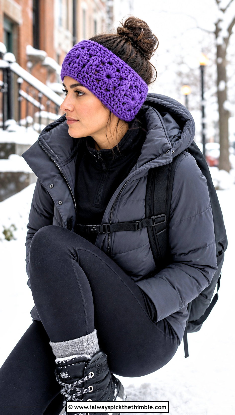 Wide Granny Square Ear Warmer With Puffer Coat And Leggings - 25 granny square headband outfit ideas