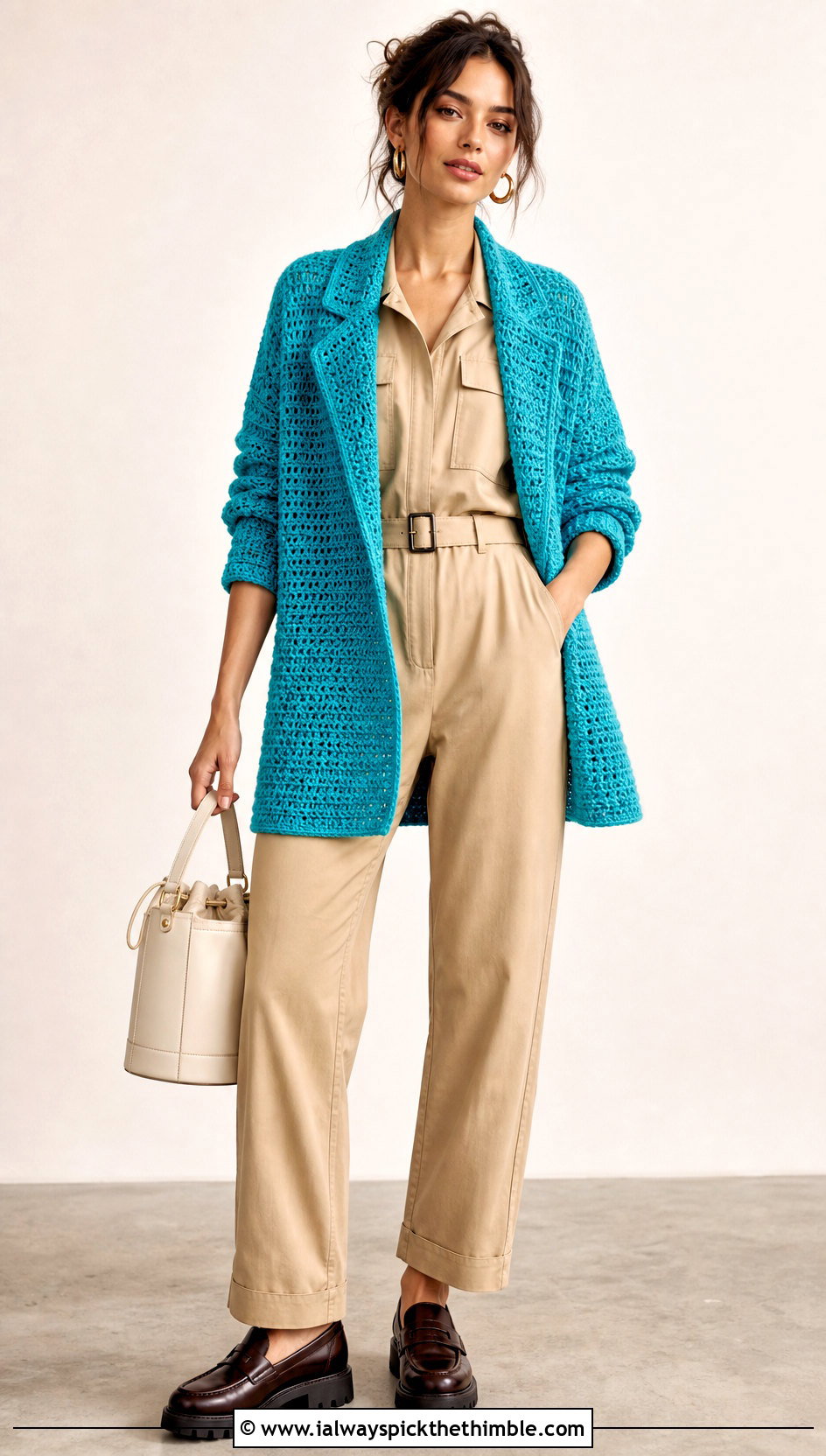 Wide Lapel Crochet Cardigan With Utility Jumpsuit - 15 Crochet Cardigan With Collar outfit ideas
