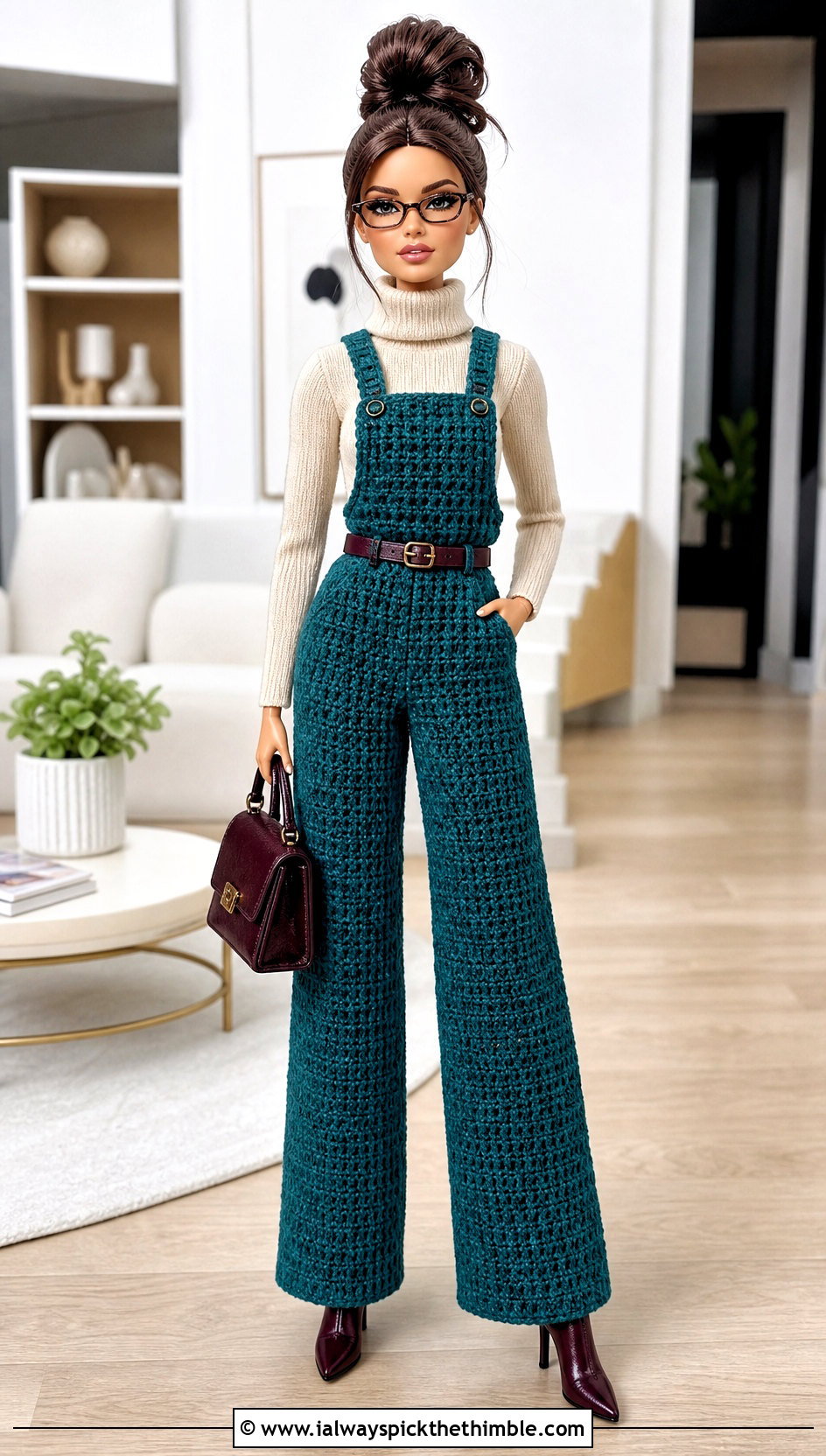 Wide Leg Crochet Doll Overalls With Fitted Turtleneck - 20 crochet doll overalls outfit ideas