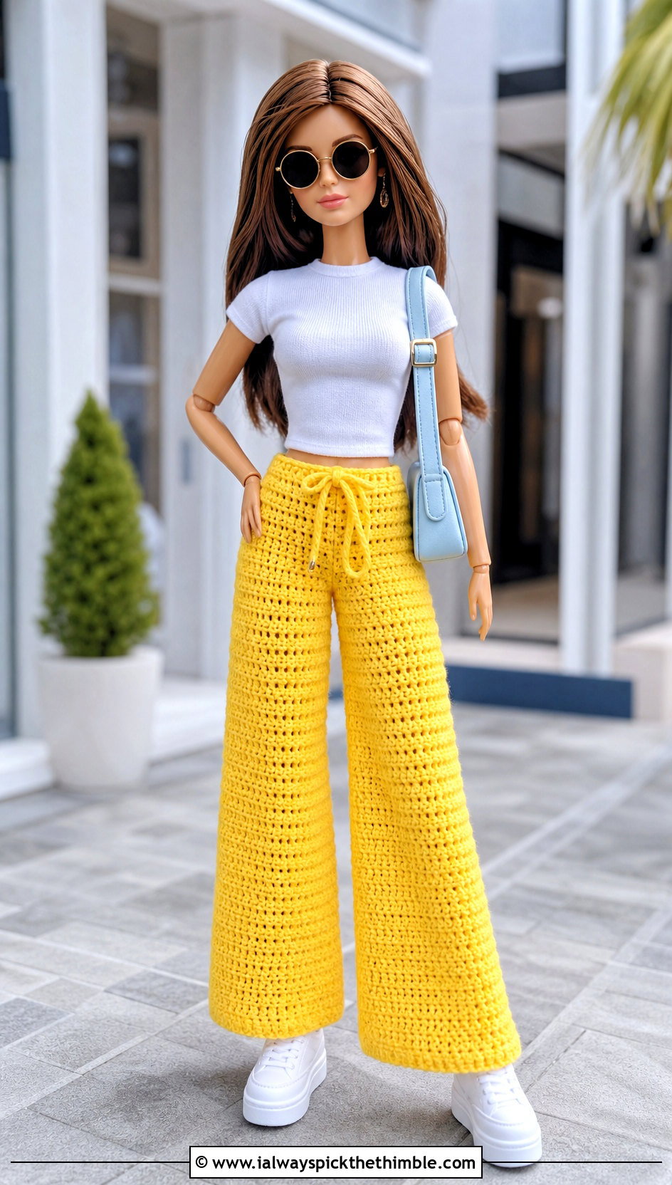 Wide Leg Crochet Doll Pants With Fitted T Shirt - 20 Crochet Pants For Dolls outfit ideas