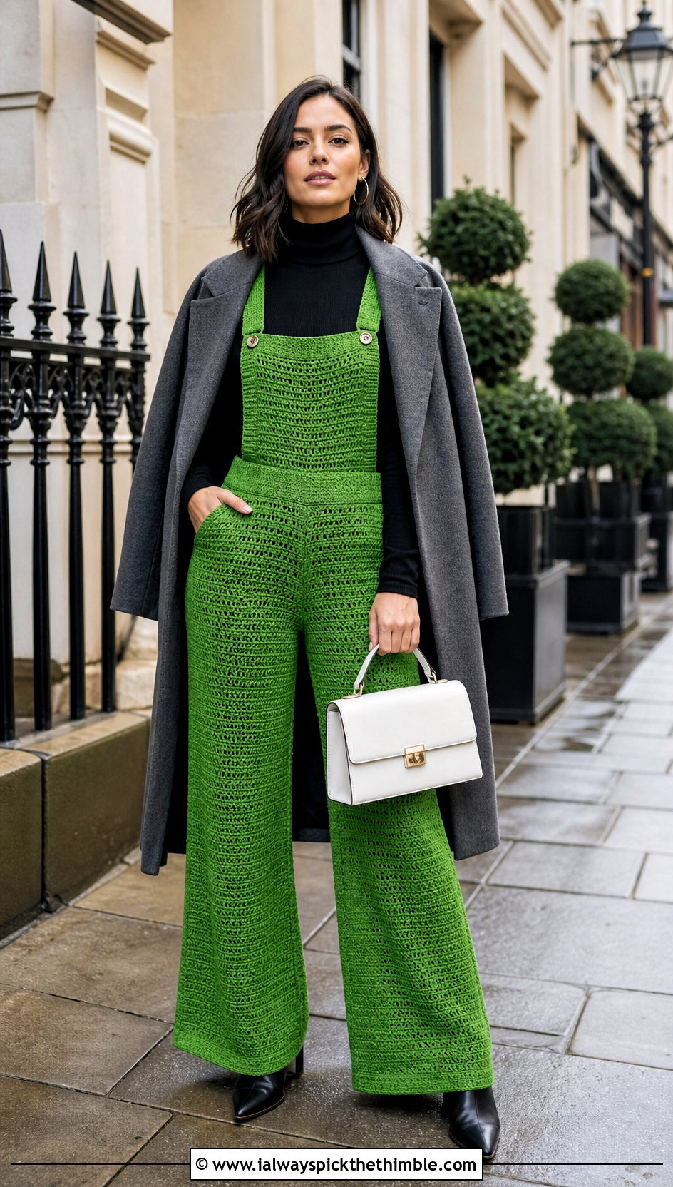 Wide Leg Crochet Dungarees With Fitted Turtleneck - 20 crochet dungarees outfit ideas