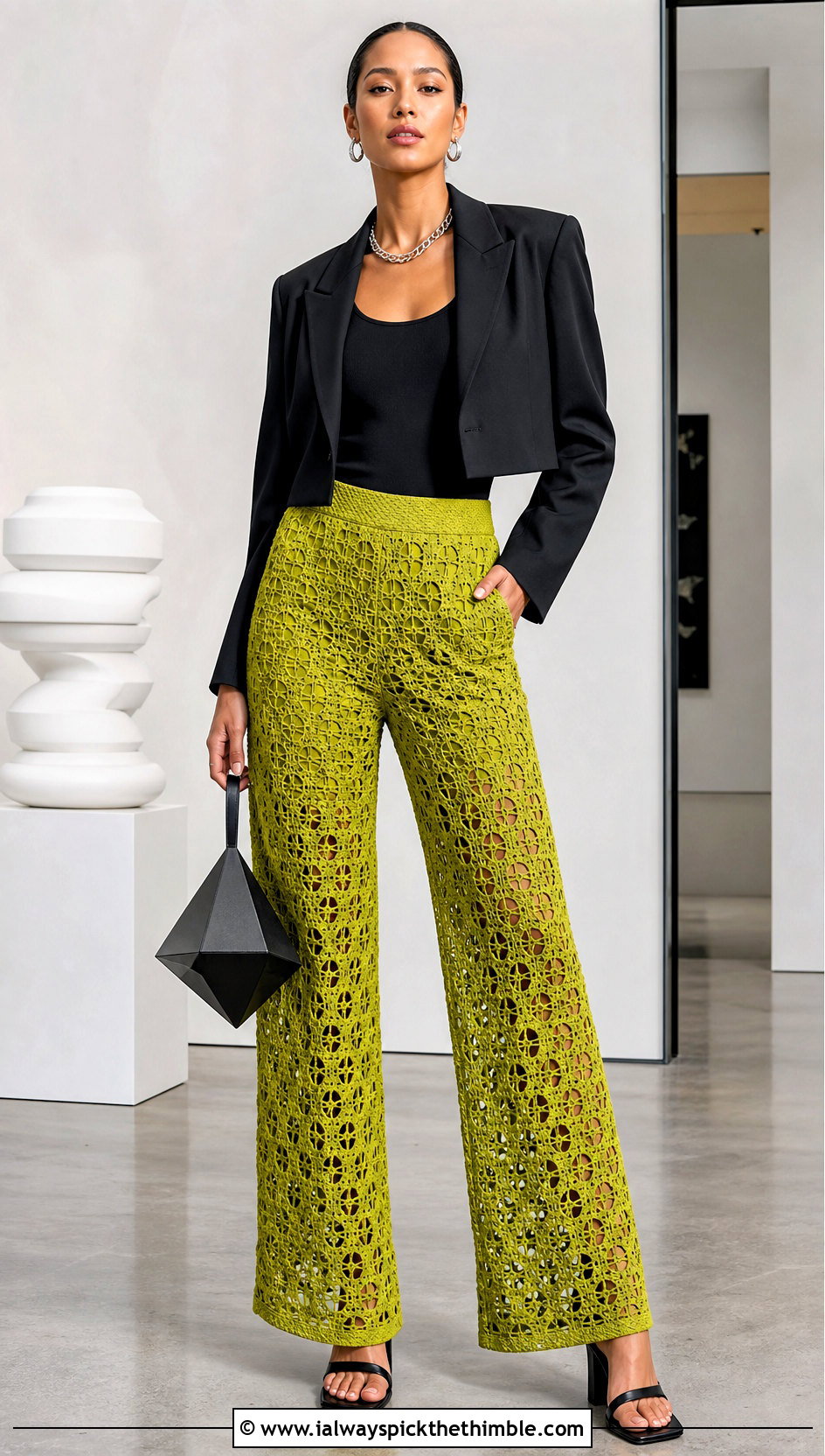 Wide Leg Crochet Pants With Cropped Blazer - 15 colorful crochet clothing design outfit ideas