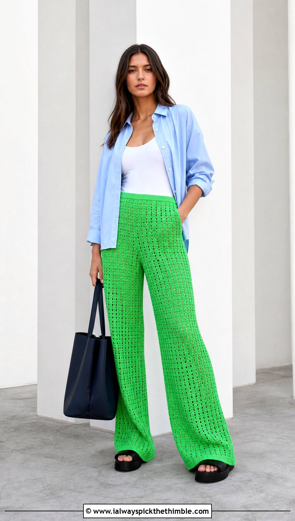 Wide Leg Crochet Pants With Poplin Shirt - 20 unique crochet clothing and outfit ideas