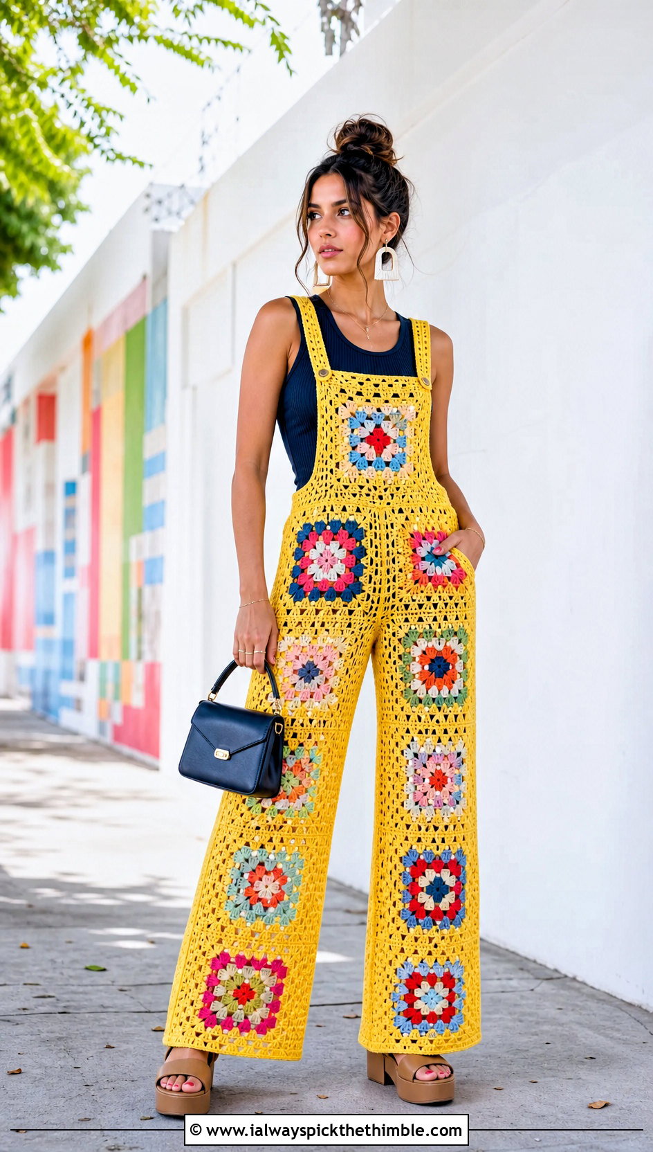 Wide Leg Granny Square Crochet Overalls With Fitted Tank Top - 20 Granny Square Crochet Overalls outfit ideas