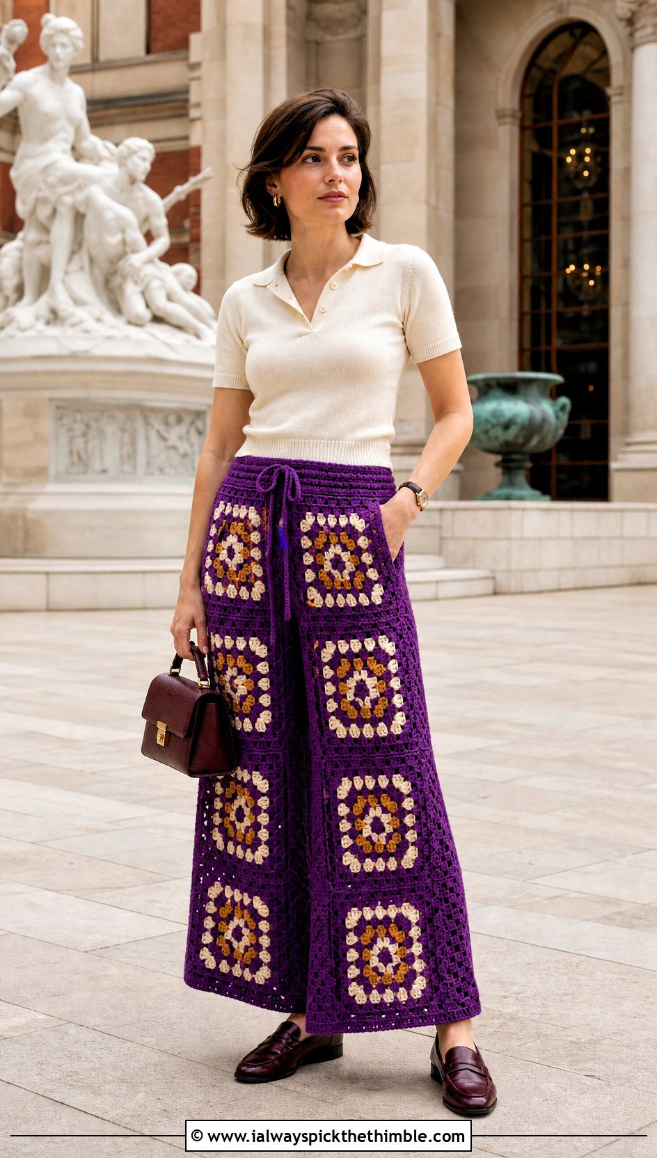 Wide Leg Granny Square Trousers With Knit Polo - 25 granny square trousers outfit ideas