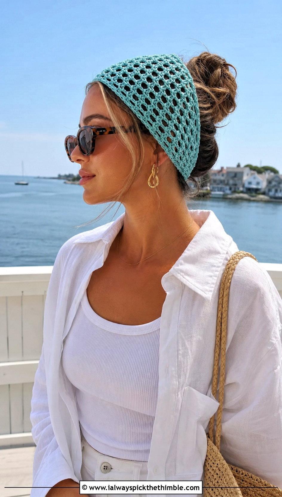 Wide Mesh Crochet Headband With Linen Shirt And Shorts - 15 summer crochet headband outfit ideas