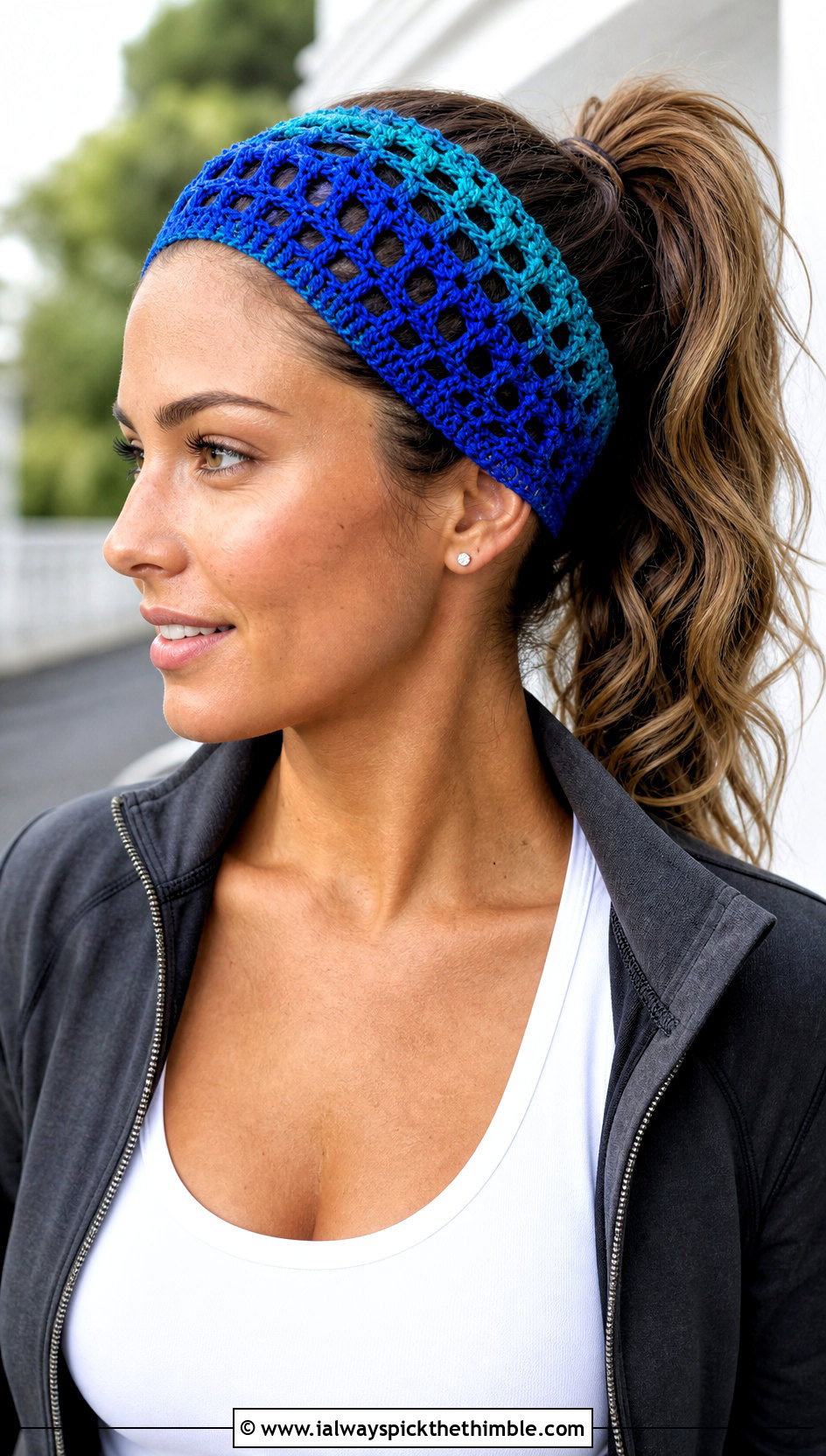 Wide Openwork Crochet Lace Headband With Activewear - 20 crochet lace headband outfit ideas