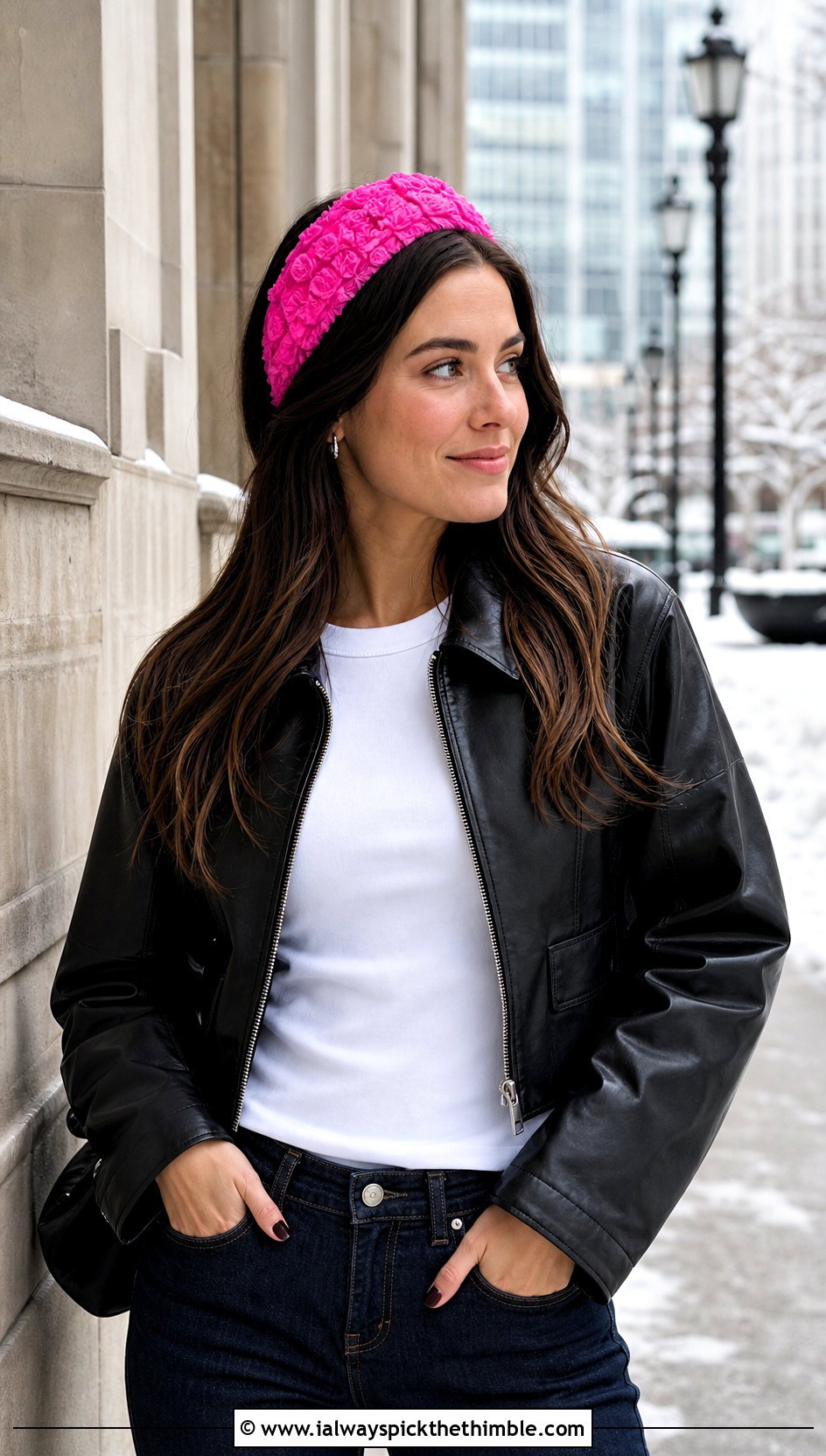 Wide Puff Flower Bandeau Headband With Leather Jacket - 20 crochet puff flower headband outfit ideas