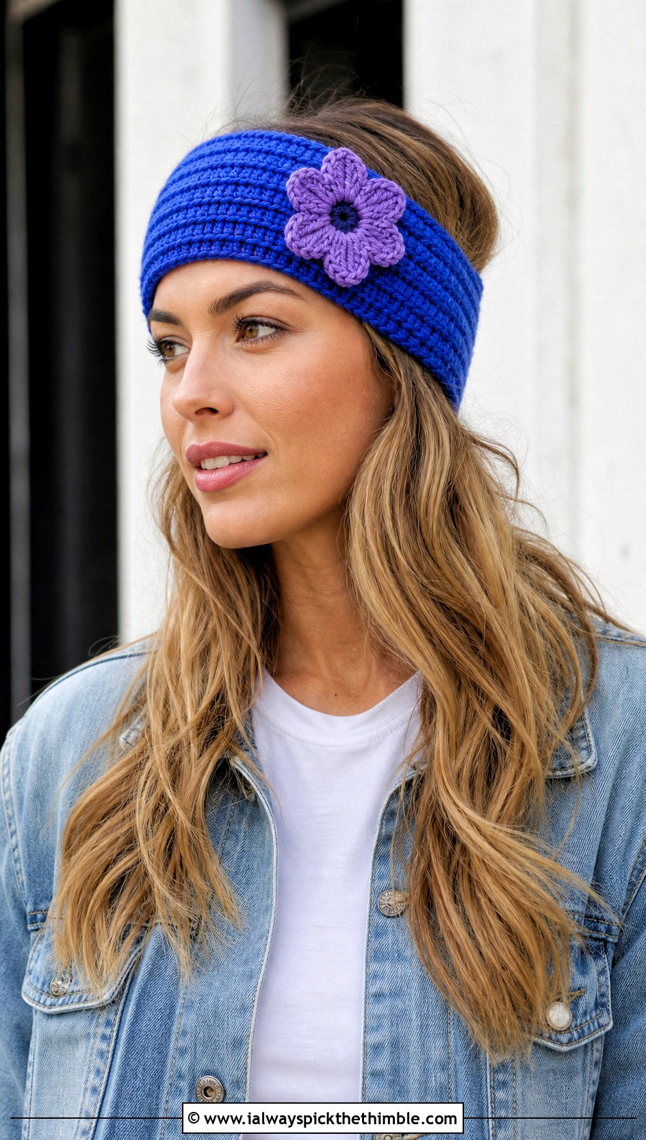 Wide Ribbed Crochet Headband With Denim Jacket - 15 crochet headband with purple flower outfit ideas