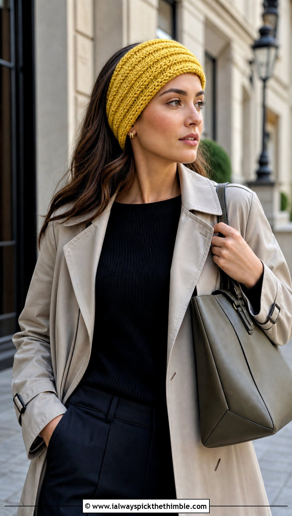 Wide Ribbed Crochet Headband With Trench Coat And Trousers - 25 crochet headbands outfit ideas