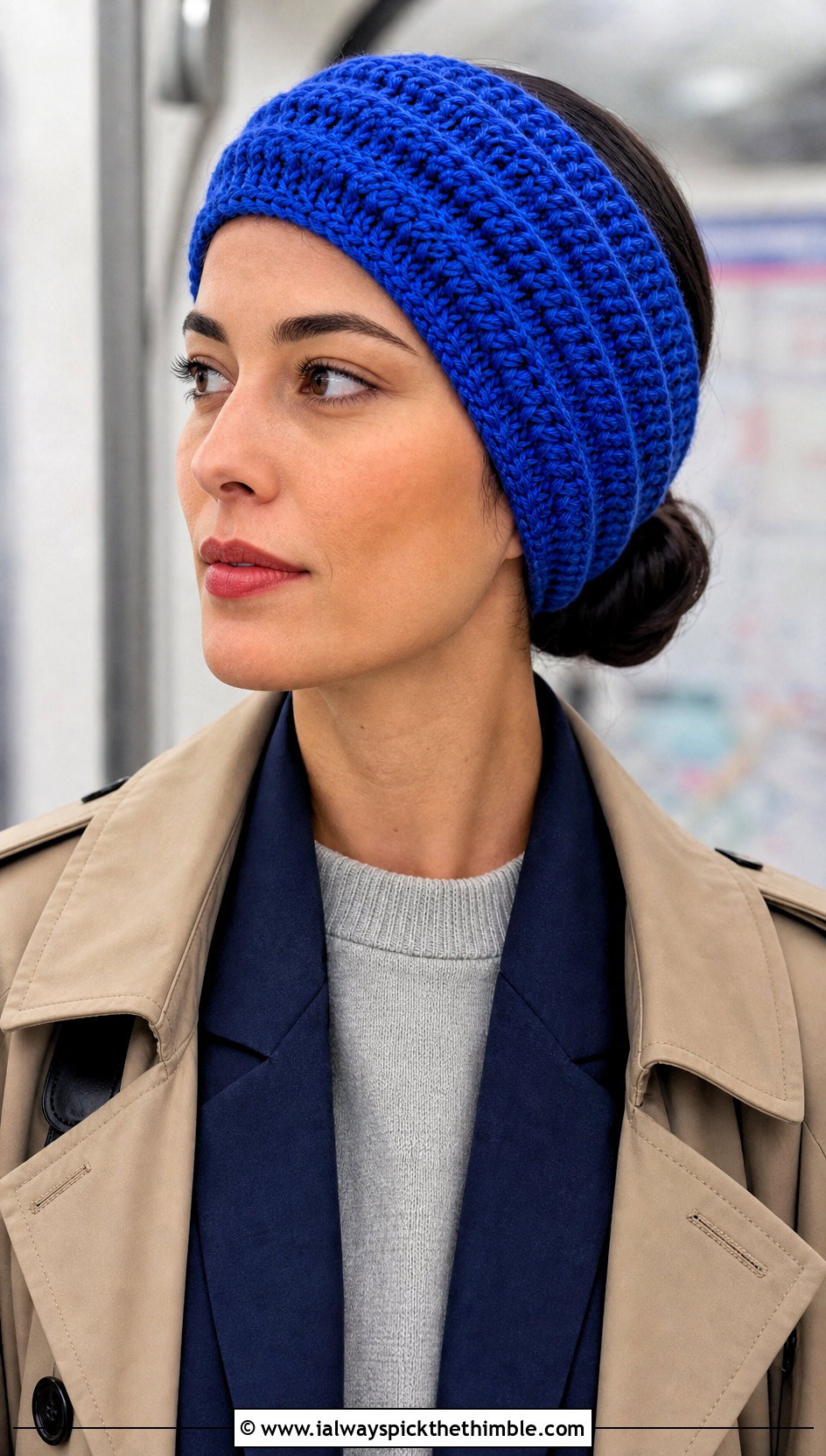 Wide Ribbed Crochet Headband With Trench Coat And Trousers - 20 quick crochet headband outfit ideas