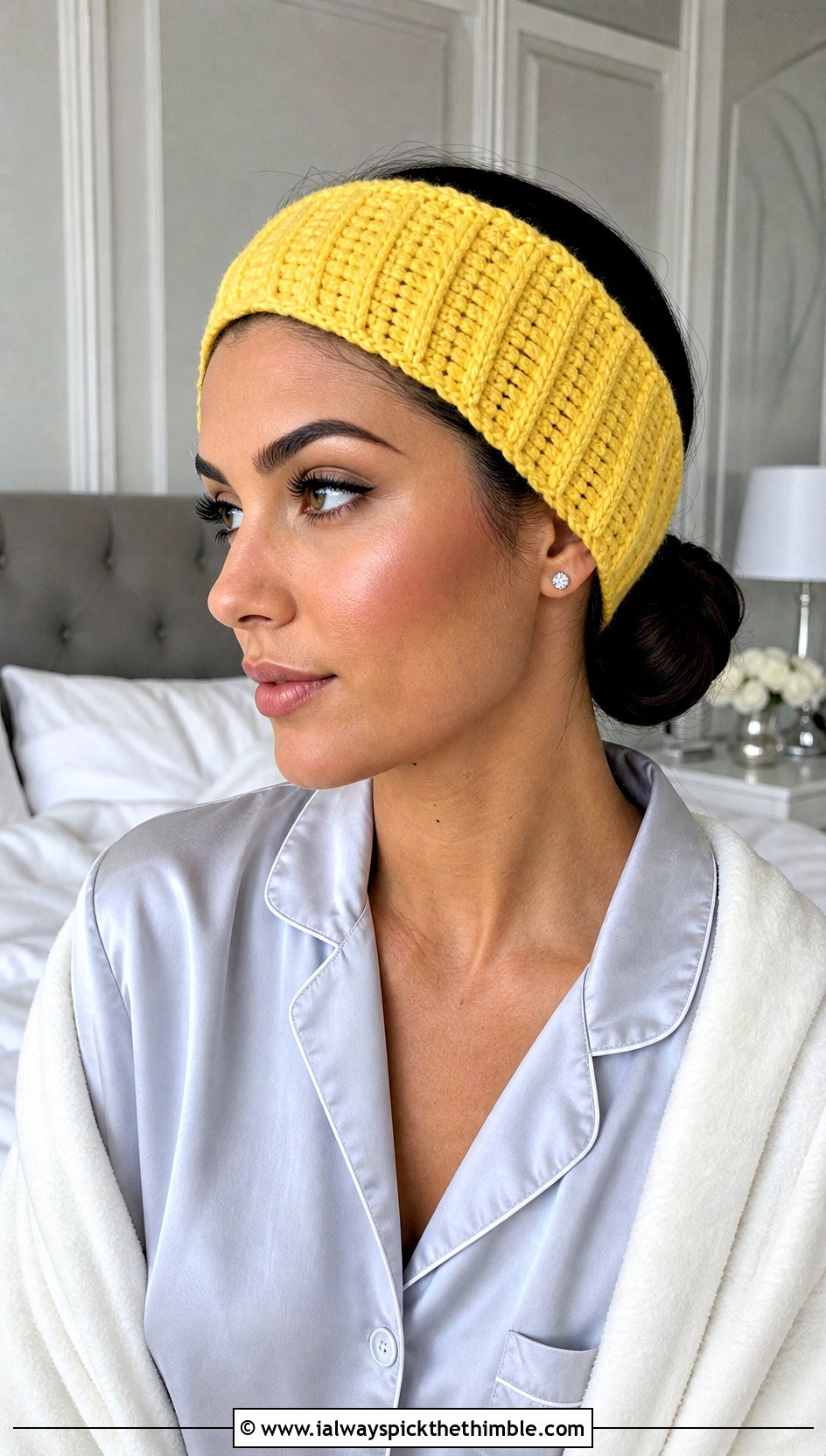 Wide Ribbed Crochet Skincare Headband With Satin Pajamas - 15 Crochet Skincare Headband outfit ideas