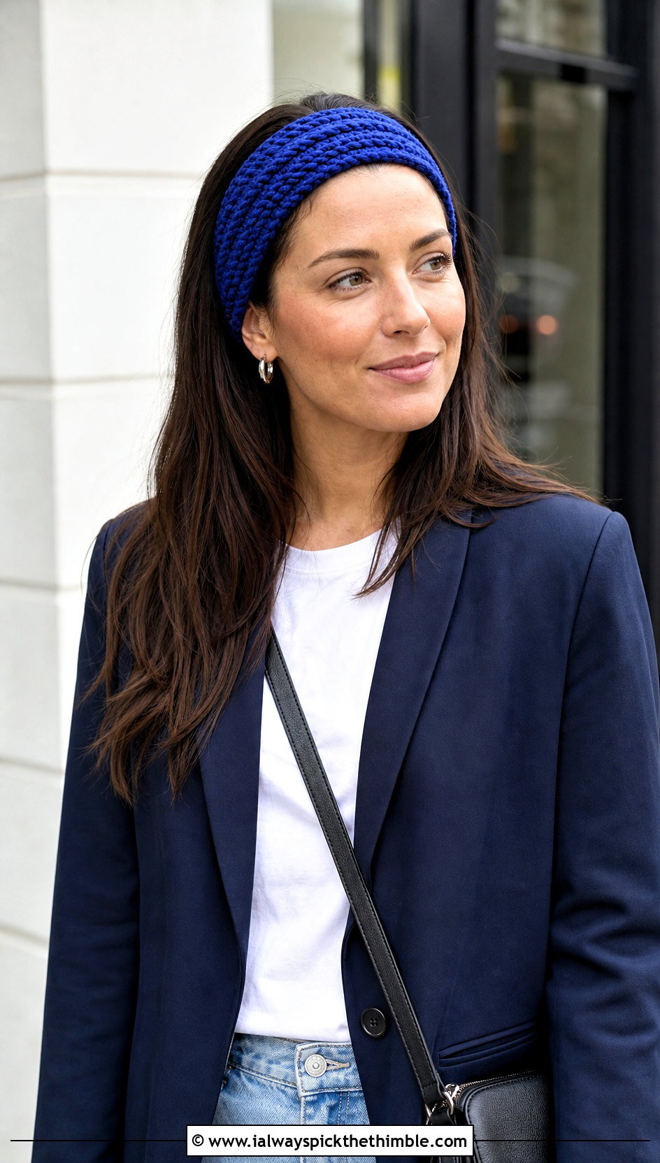 Wide Ribbed Elastic Crochet Headband With Blazer And Jeans - 20 Crochet Headbands With Elastic outfit ideas