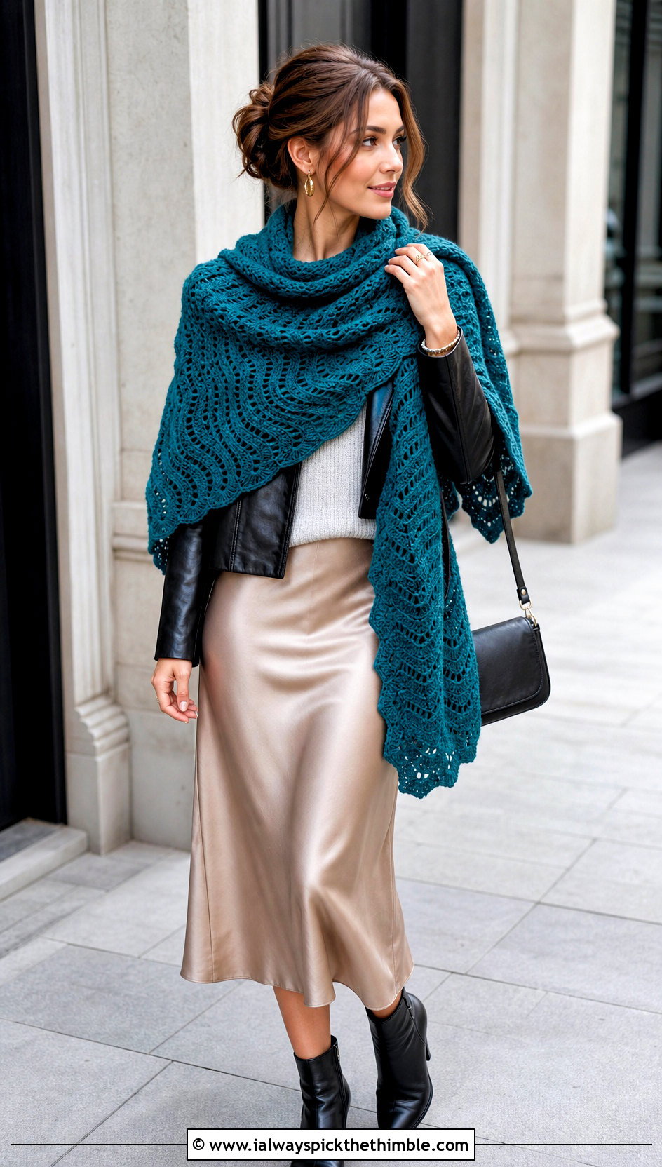 Wide Ripple Stitch Crochet Wrap Scarf With Leather Jacket And Satin Skirt - 15 ripple stitch crochet scarf outfit ideas