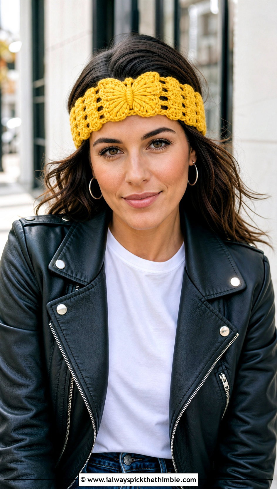 Wide Shell Stitch Butterfly Crochet Headband With Leather Jacket - 15 crochet butterfly headband outfit ideas