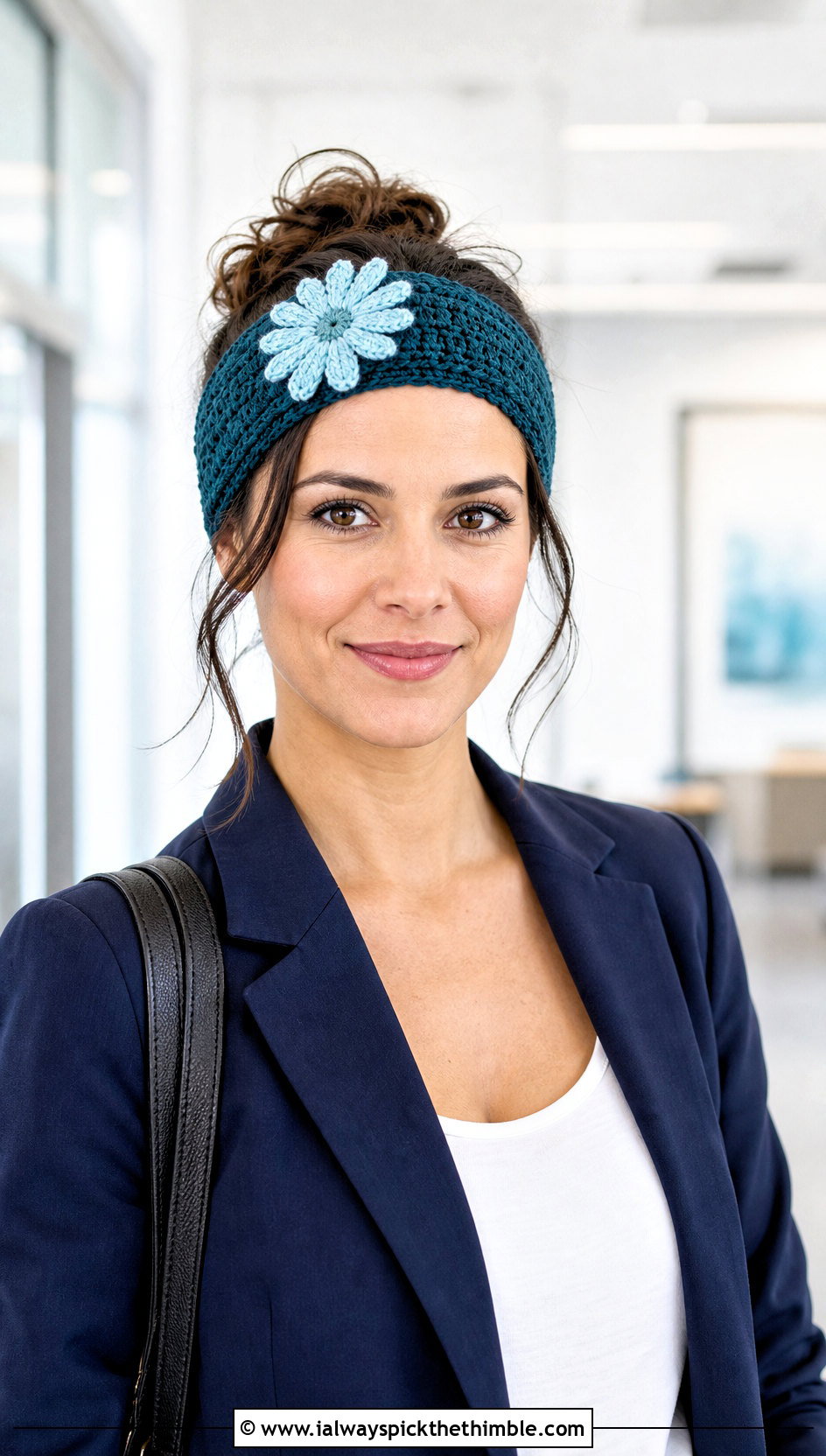 Wide Single Daisy Crochet Headband With Blazer And Trousers - 15 daisy flower crochet headband outfit ideas