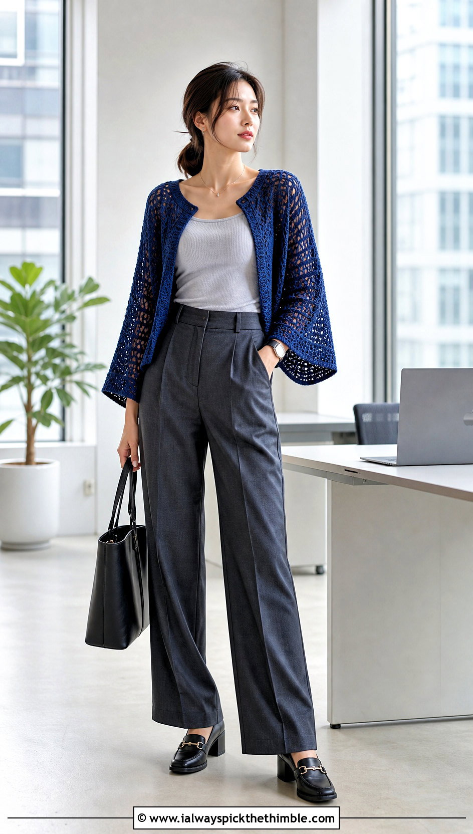 Wide Sleeve Crochet Loose Sweater With Pleated Trousers - 25 crochet loose sweater outfit ideas