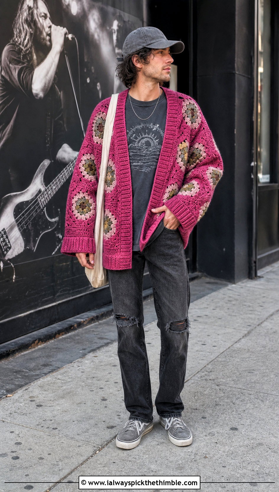 Wide Sleeve Hexagon Cardigan With Distressed Jeans - 25 men hexagon crochet cardigan outfit ideas