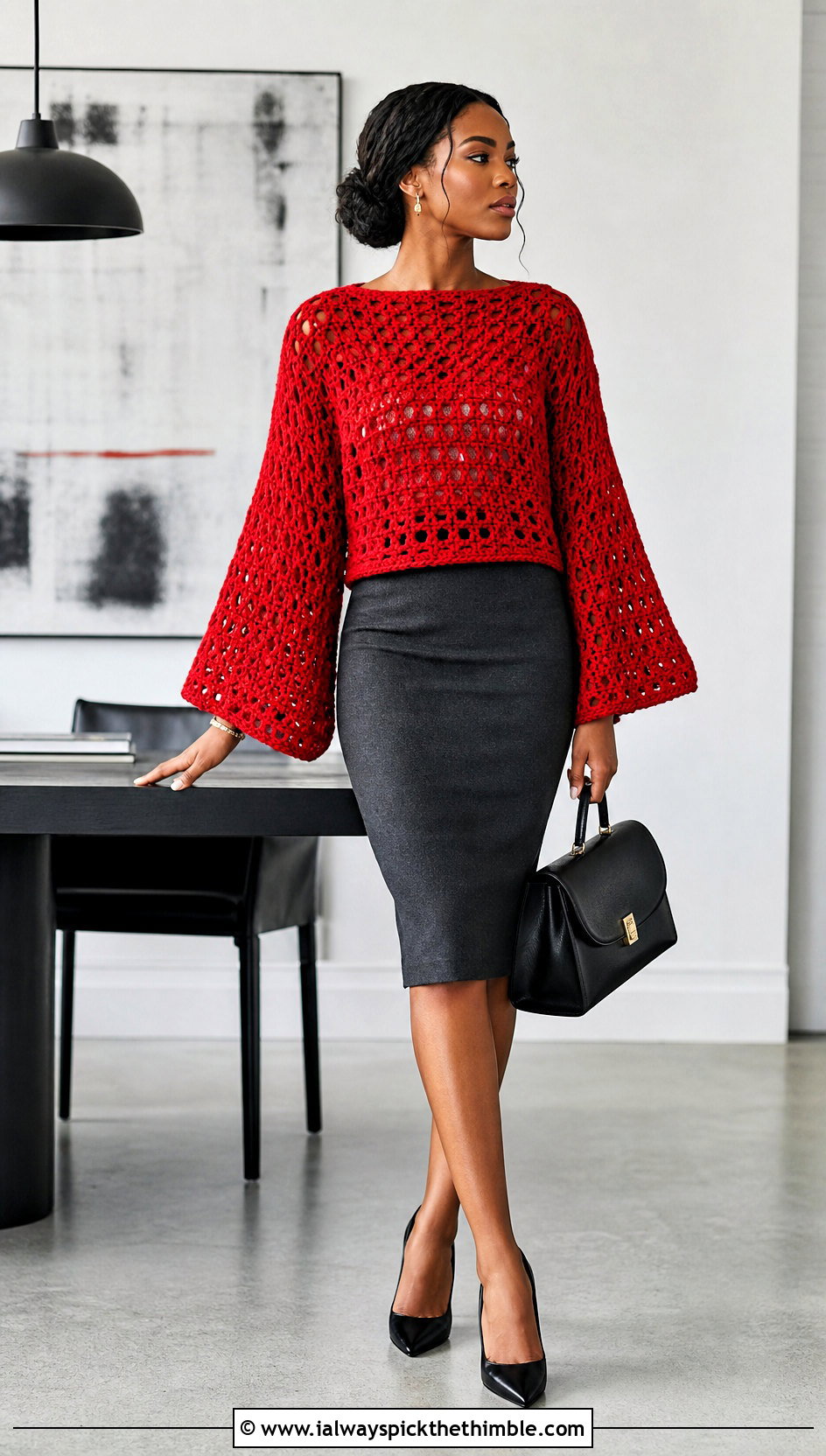 Wide Sleeve Pixie Crochet Sweater With Pencil Skirt - 20 Pixie Crochet Sweater outfit ideas