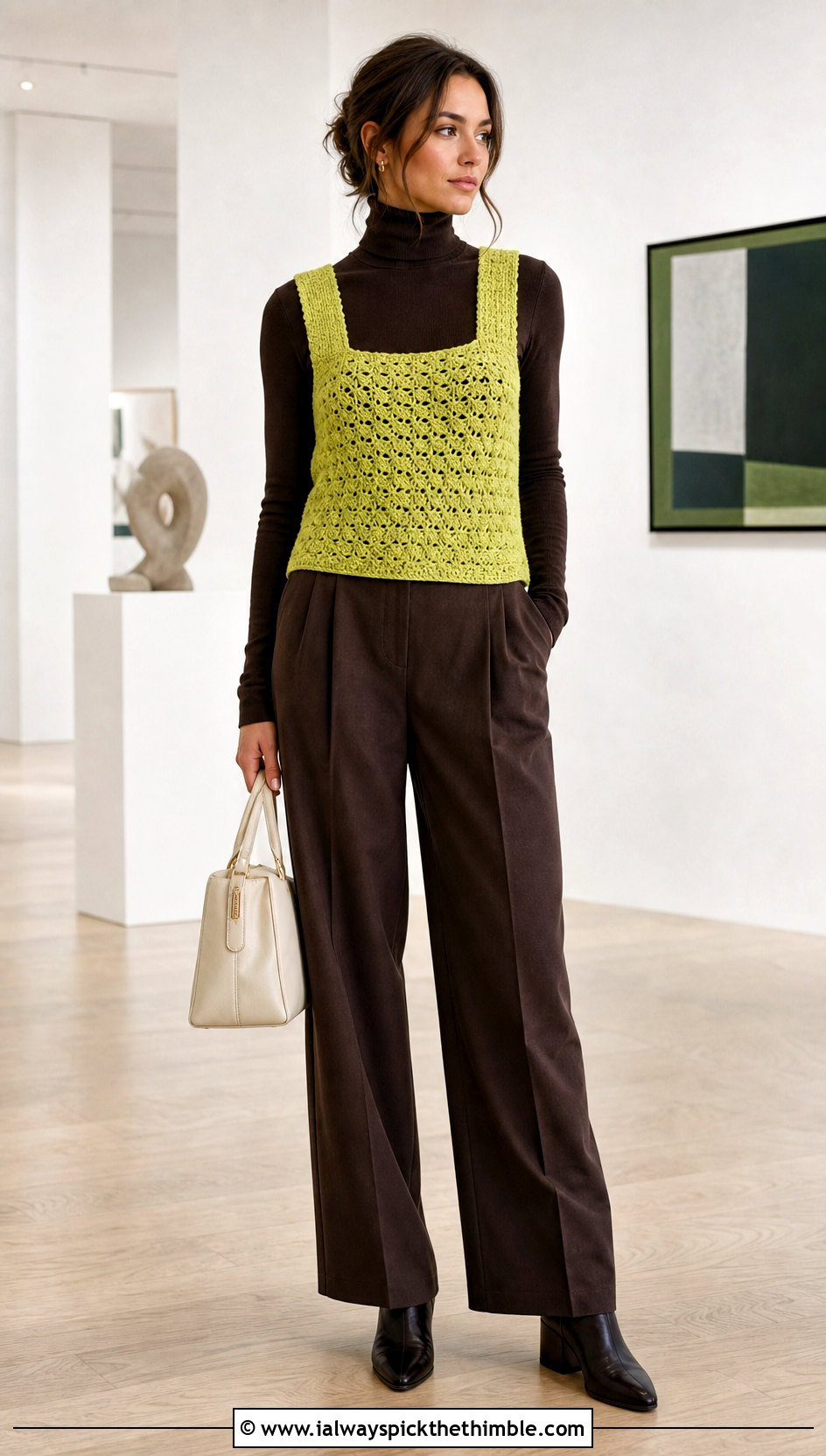 Wide Strap Solid Shell Stitch Crochet Tank Top Over Turtleneck - 15 solid shell stitch crochet tank top outfit ideas