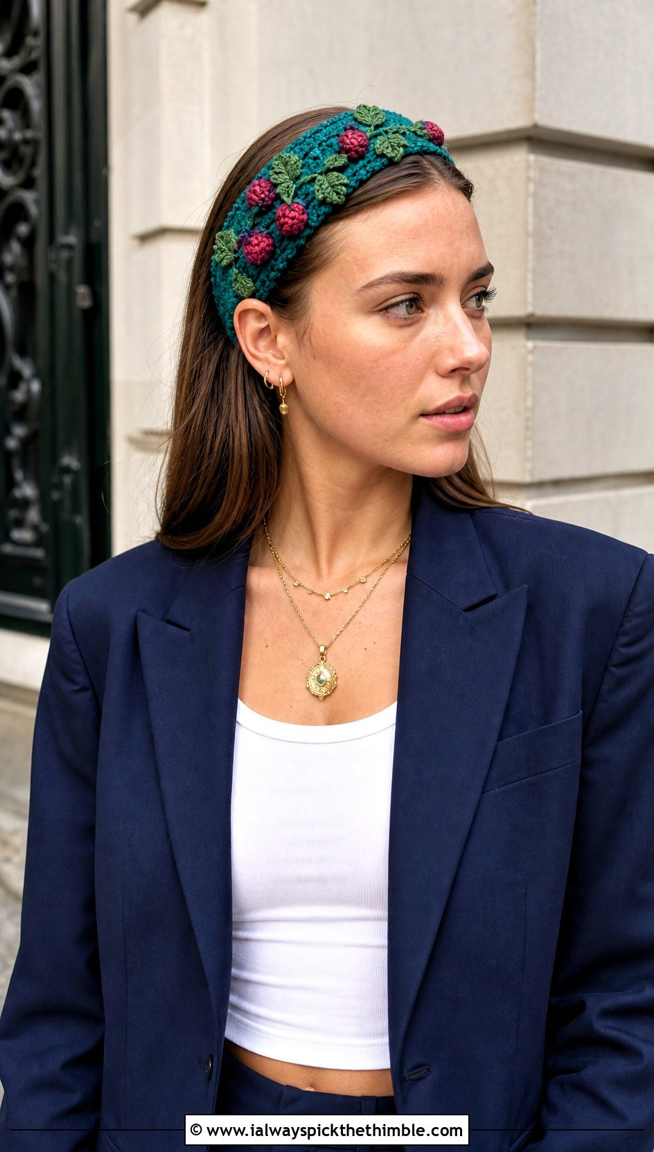 Wide Strawberry Headband With Blazer And Jeans - 25 Crochet Strawberry Headband outfit ideas