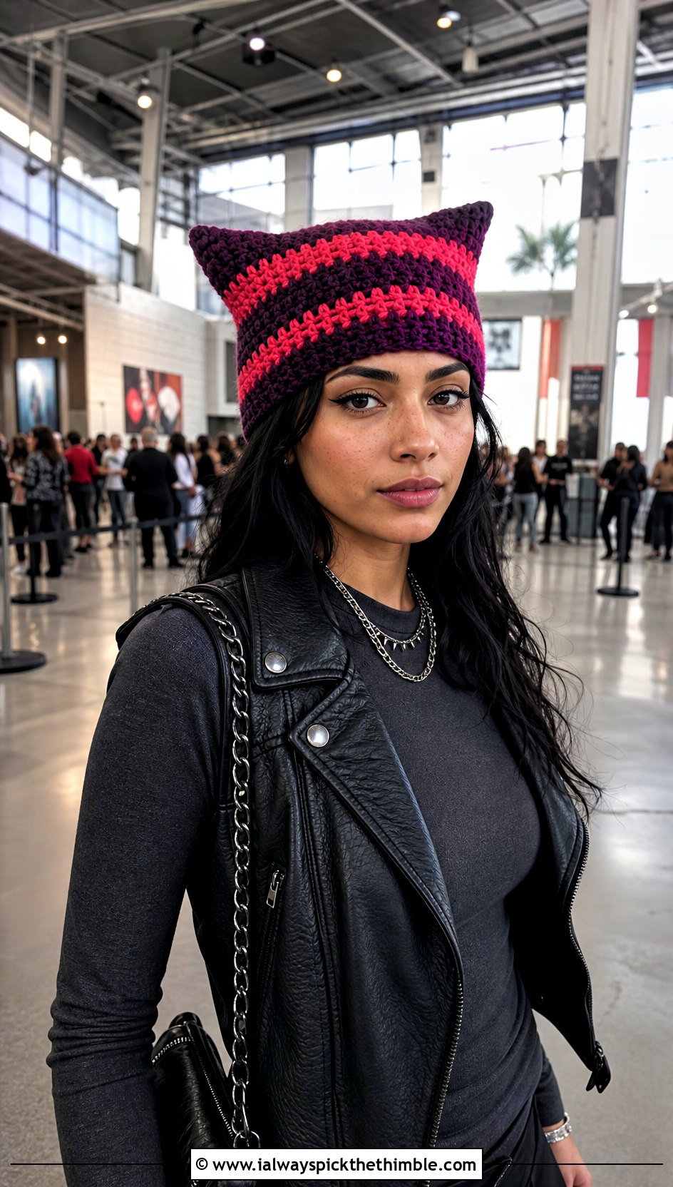 Wide Stripe Cat Ear Crochet Beanie With Moto Vest - 20 striped crochet beanie outfit ideas