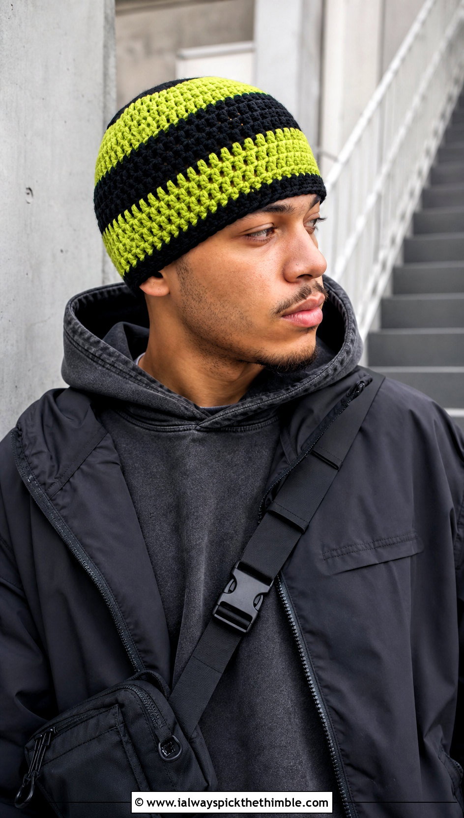 Wide Stripe Crochet Beanie With Hoodie And Cargo Pants - 15 mens striped crochet beanie outfit ideas