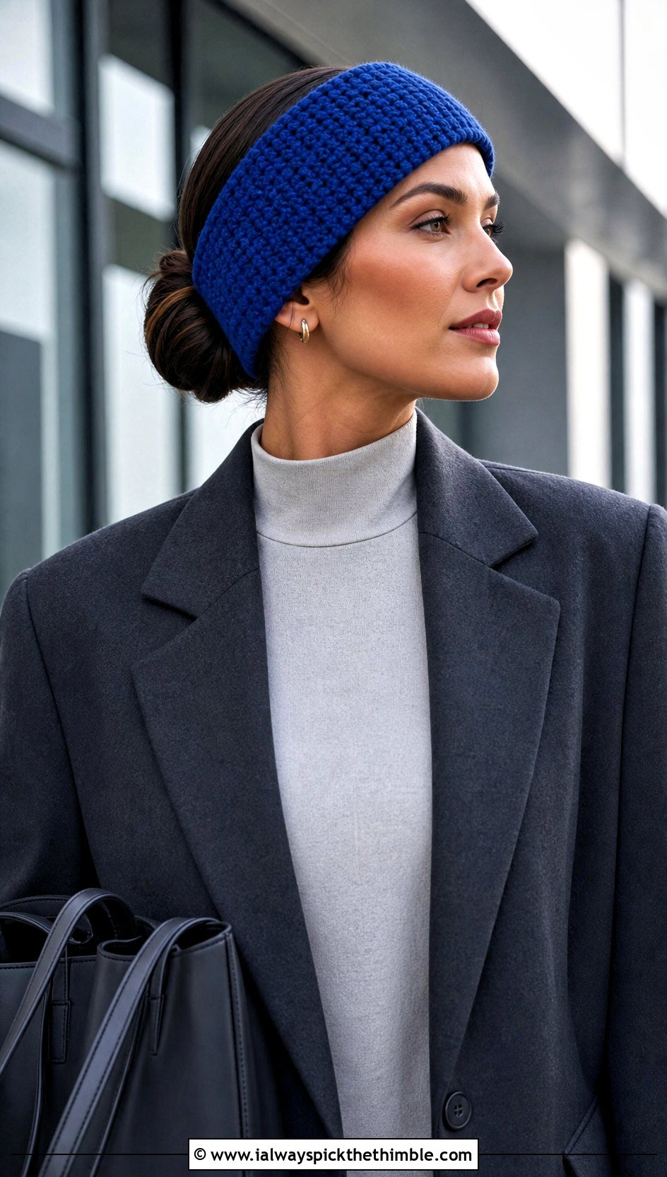 Wide Tunisian Crochet Ear Warmer Headband With Blazer - 20 crochet ear warmer headband outfit ideas