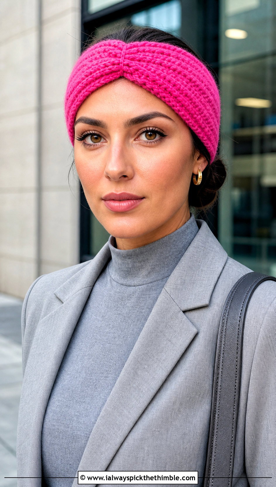 Wide Turban Crochet Ear Headband With Blazer And Trousers - 20 crochet ear headband outfit ideas