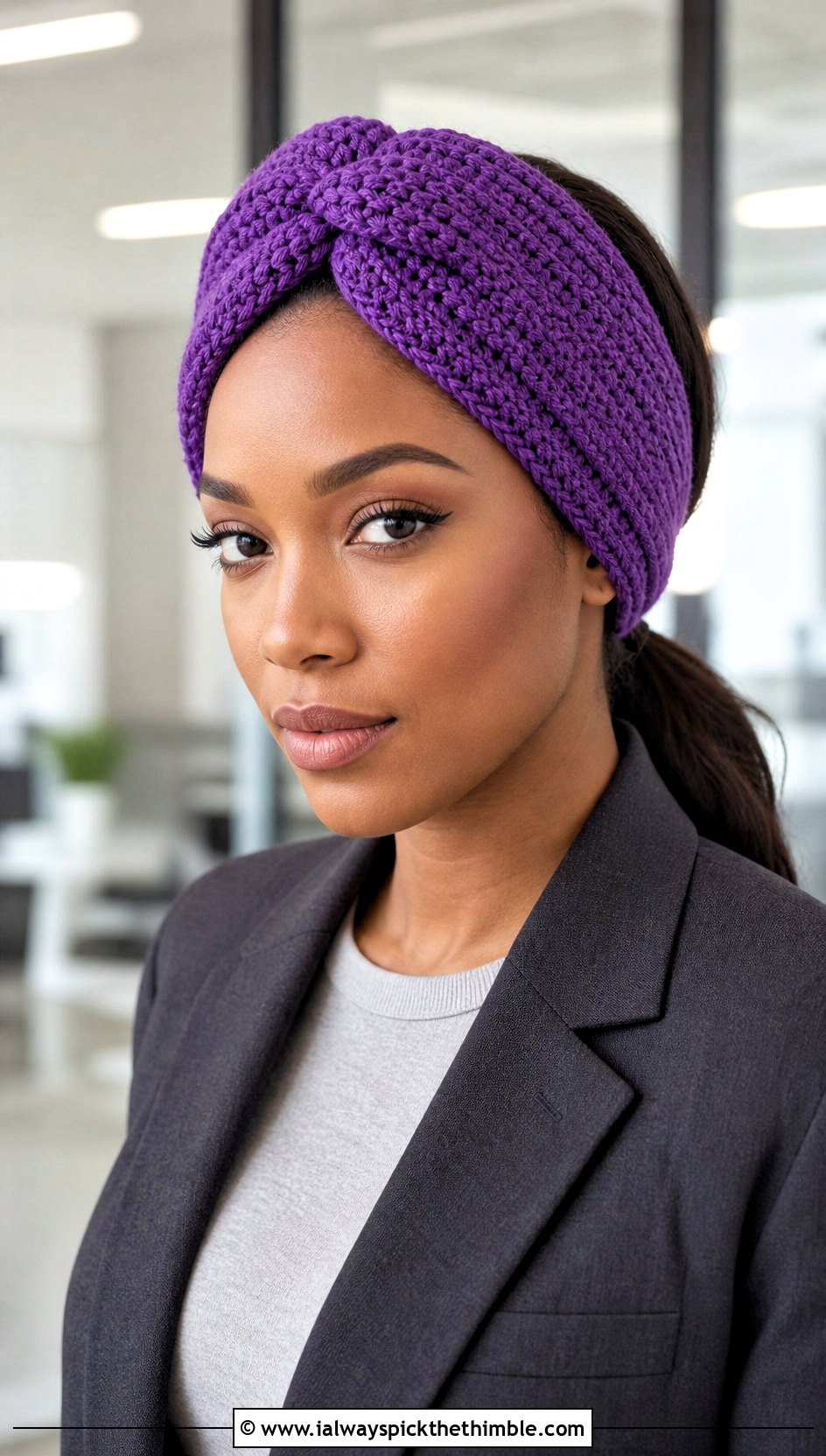 Wide Turban Twist Crochet Headband With Blazer - 20 crochet twist headband outfit ideas